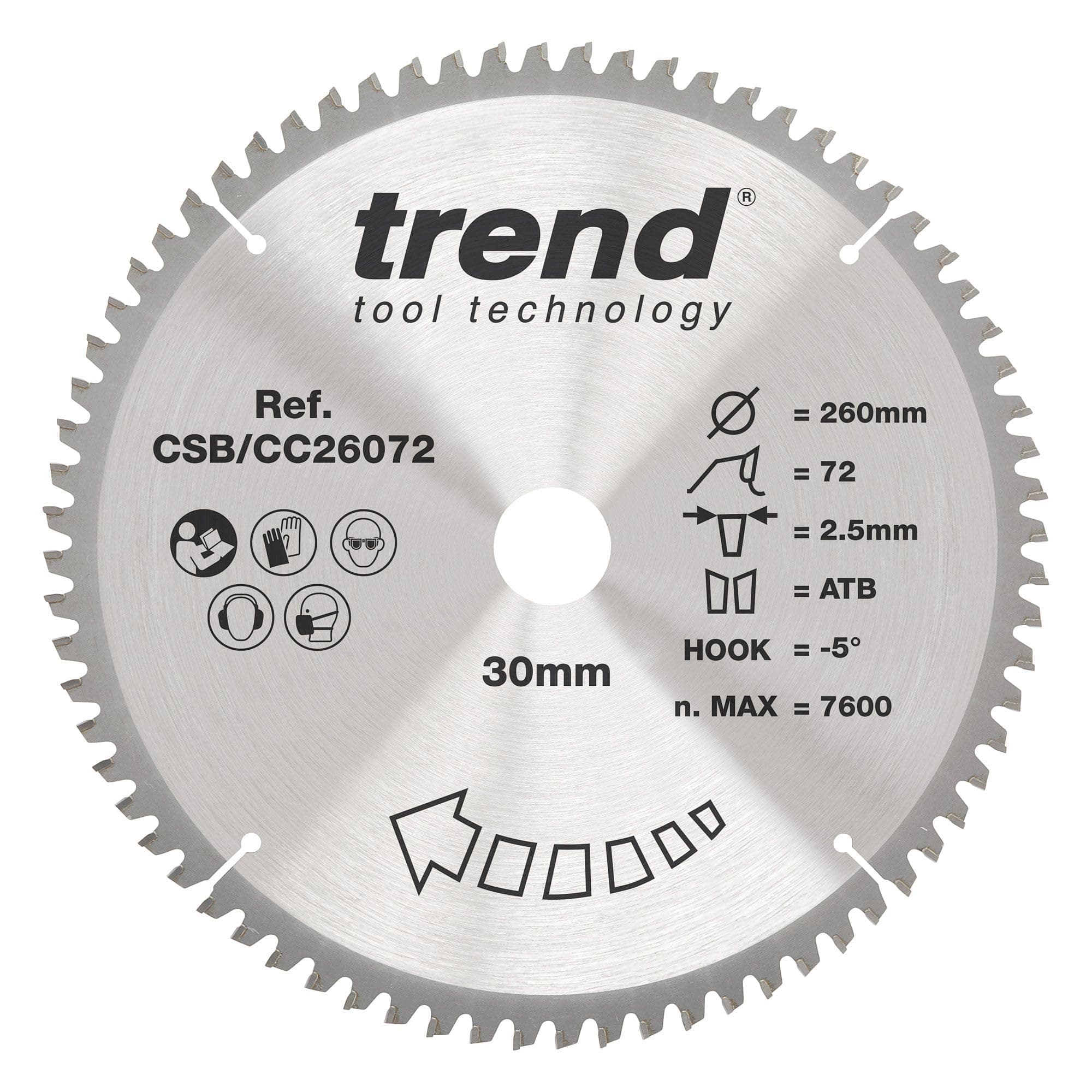 Wood Mitre Saw Blade, 260mm Diameter, 30mm Bore, 72 Teeth, 2.5mm Kerf, -5° Hook, TCT, Extra-Fine Finish, CSB/CC26072