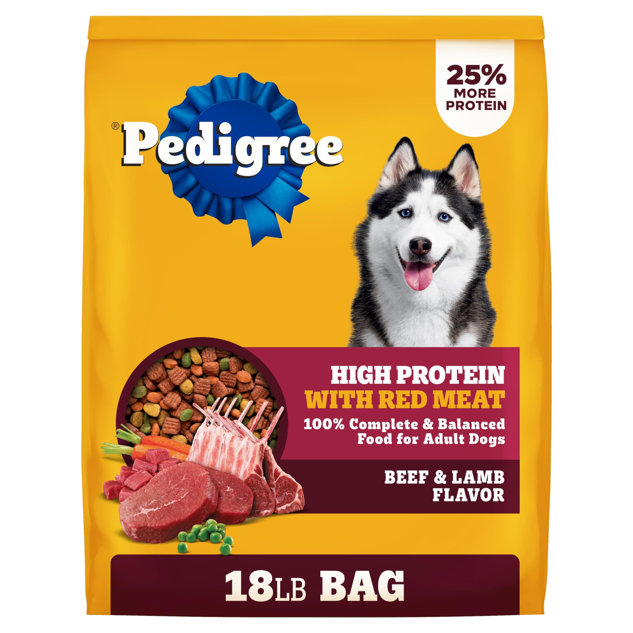 Pedigree Dry Dog Food for Adult Dogs, High Protein, Beef and Lamb Flavor, 18 lb. Bag