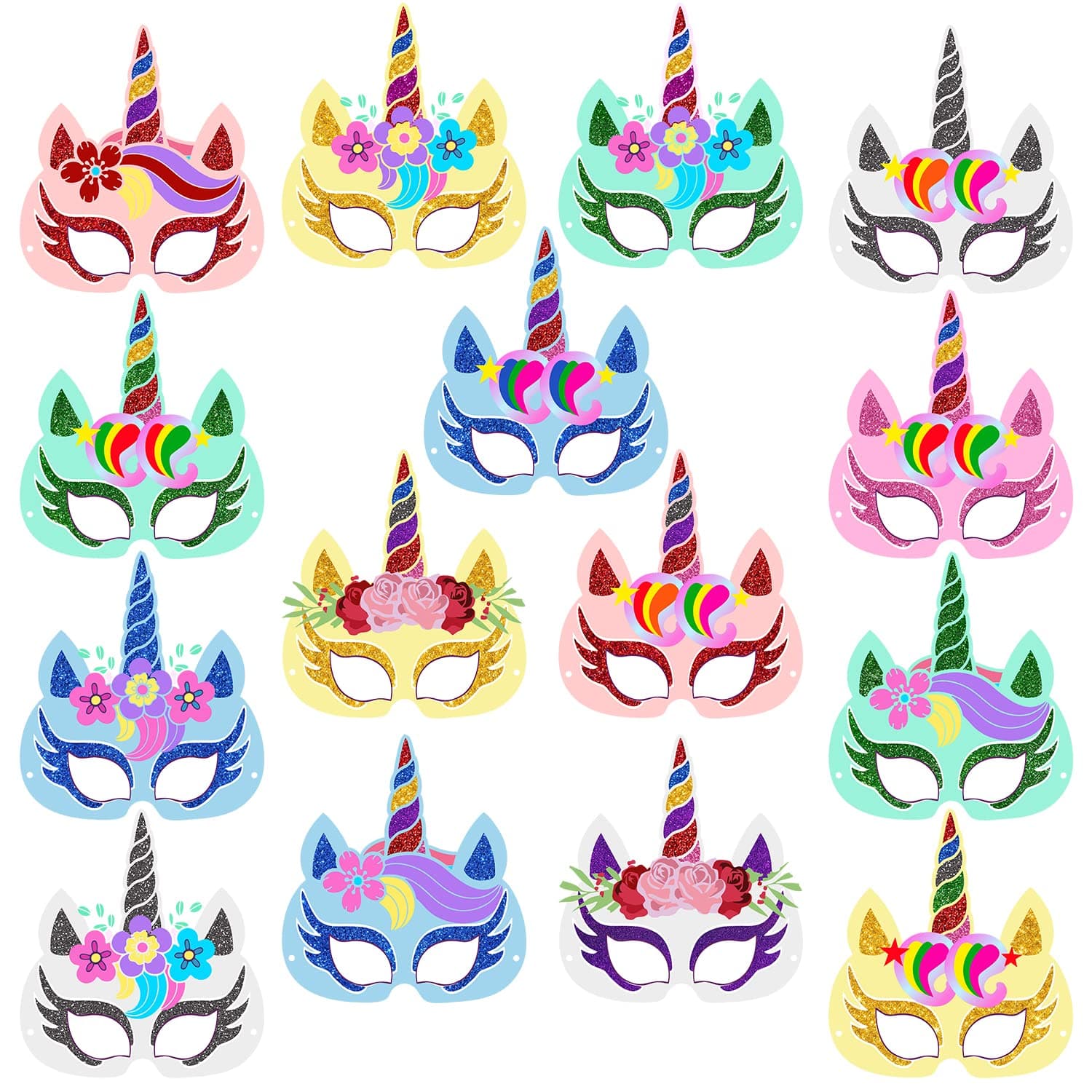 15 Packs Unicorn Masks for Boys and Girls Dress Up Birthday Party Favors, Unicorn Maskss with 15 Different Types Felt Maskss Princess Maskss for Kids Party Supplies