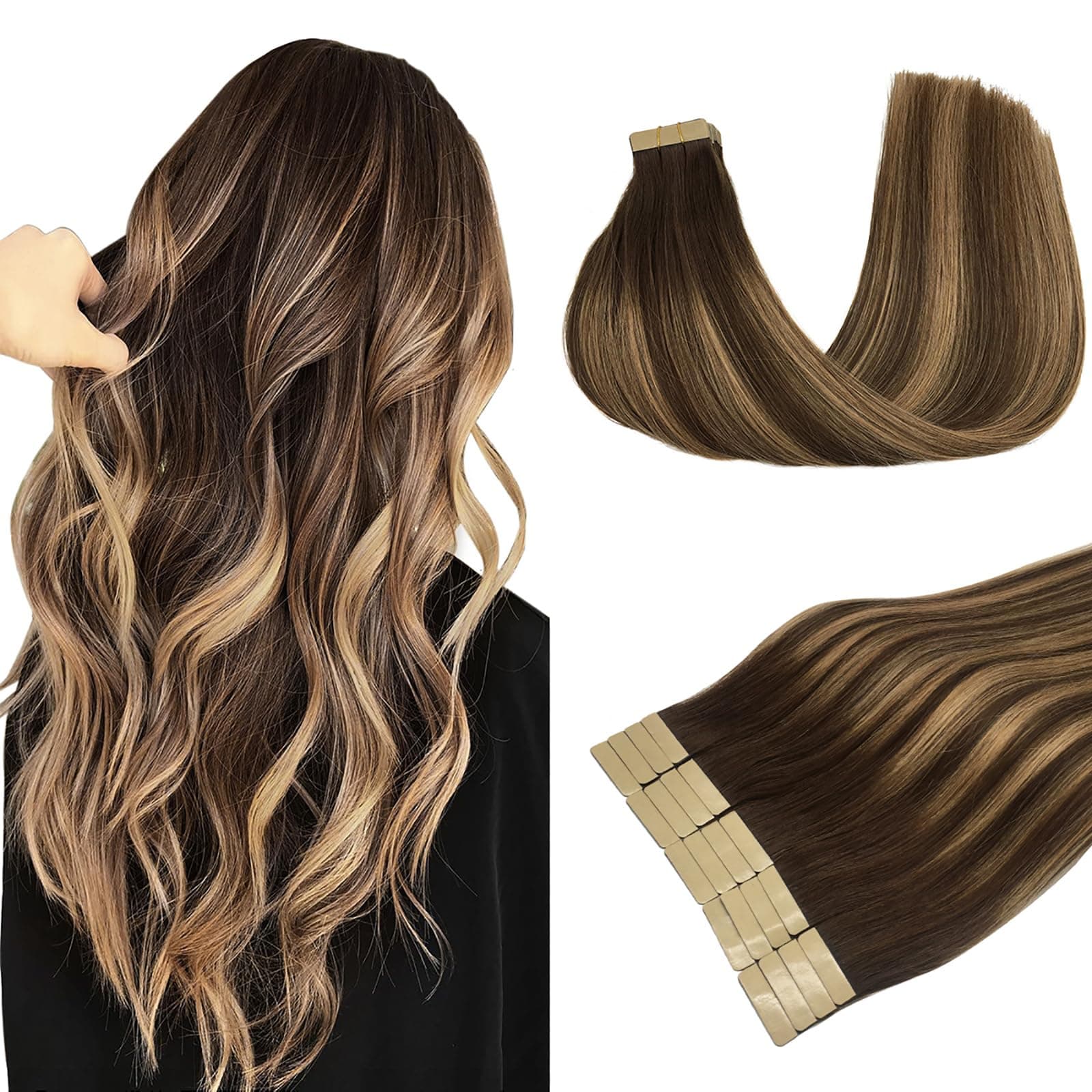 DOORES 20pcs Human Hair Balayage Chocolate Brown to Caramel Blonde Remy Silky Straight Hair Extensions Tape in Skin Weft Natural 50g 20 Inch