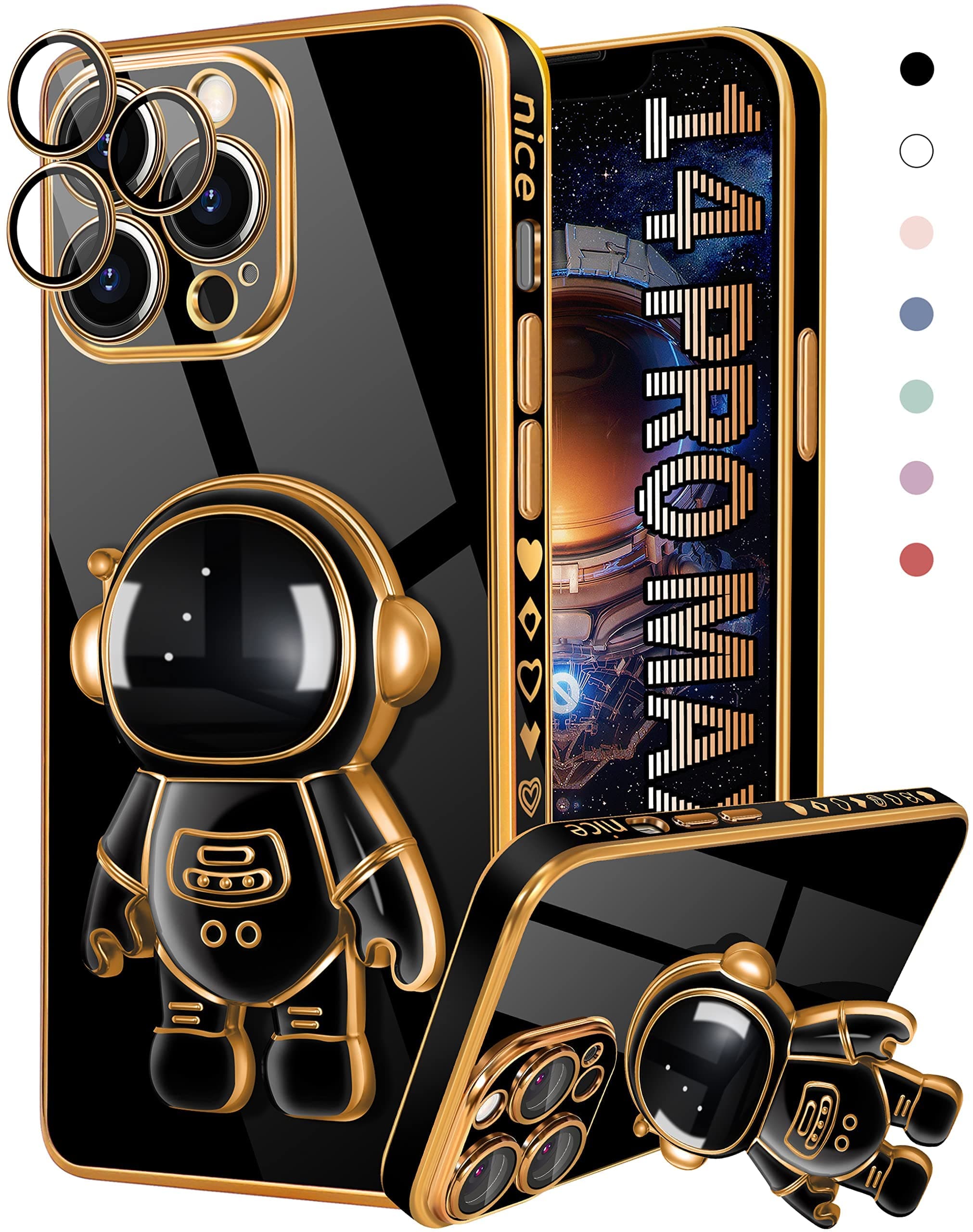 Coralogo for iPhone 14 Pro Max Case Astronaut Cute Girls Women Girly Unique Black Phone Cases with Hidden Stand Kickstand 6D Design with Camera Lens Protector Cover for 14Pro Max 6.7''