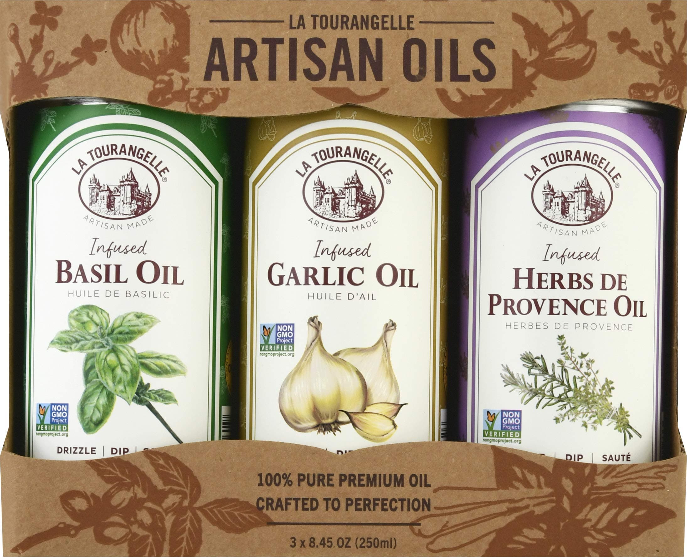 La TourangelleInfused Trio of Oils - Infused Herbs de Provence Oil, Infused Garlic Oil, Infused Basil Oil Gift Set, 8.45 fl oz (Set of 3)