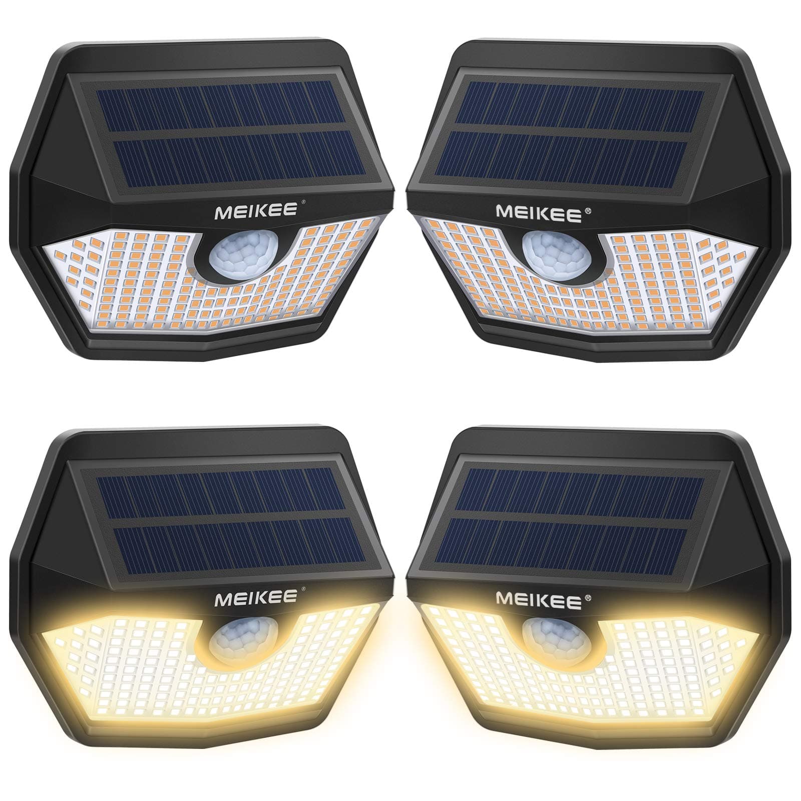 MEIKEESolar Lights Outdoor Motion Sensor, 150 LED 2700K Warm White Motion Detected Flood Light, 270° Wide Angle, IP65 Waterproof 30s Security Lighting for Garden Patio Deck Garage Fence 4 Pack