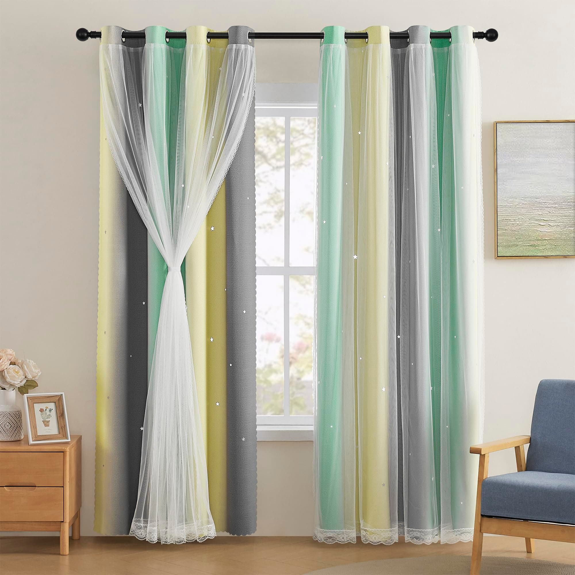 XiDi Yellow & Rainbow Curtains for Kids & Girls Room - Blackout, Grey & Green 52x63 Inch Long 1 Panel with Unicorn Wall Decals