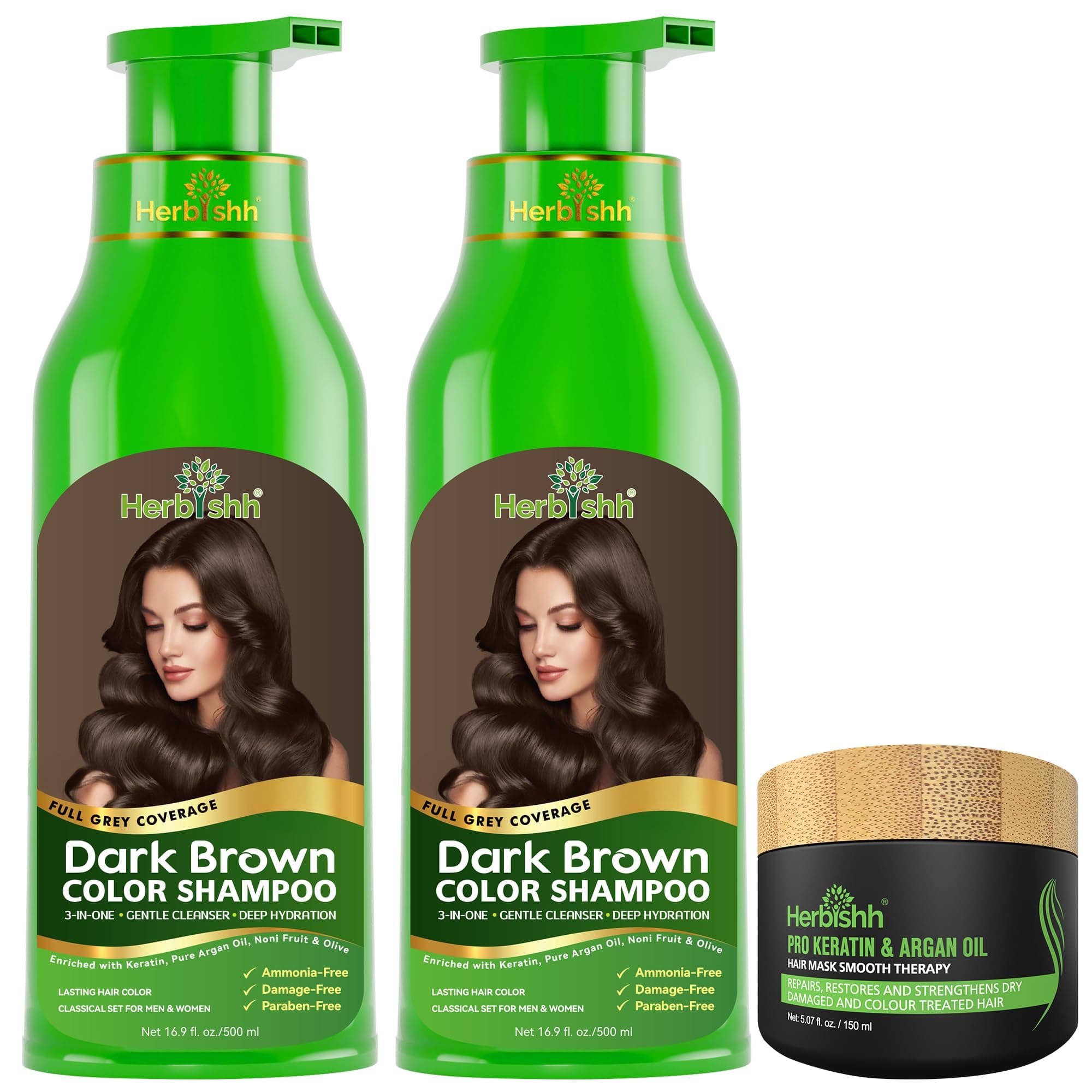 Hair Color Shampoo (Dark Brown) for Grey Coverage | Ammonia-Free Paraben Free | Long Lasting Color up to 3 Weeks | Combo Pack 2 x 500ml + 1 Argan Hair Mask (150gm)