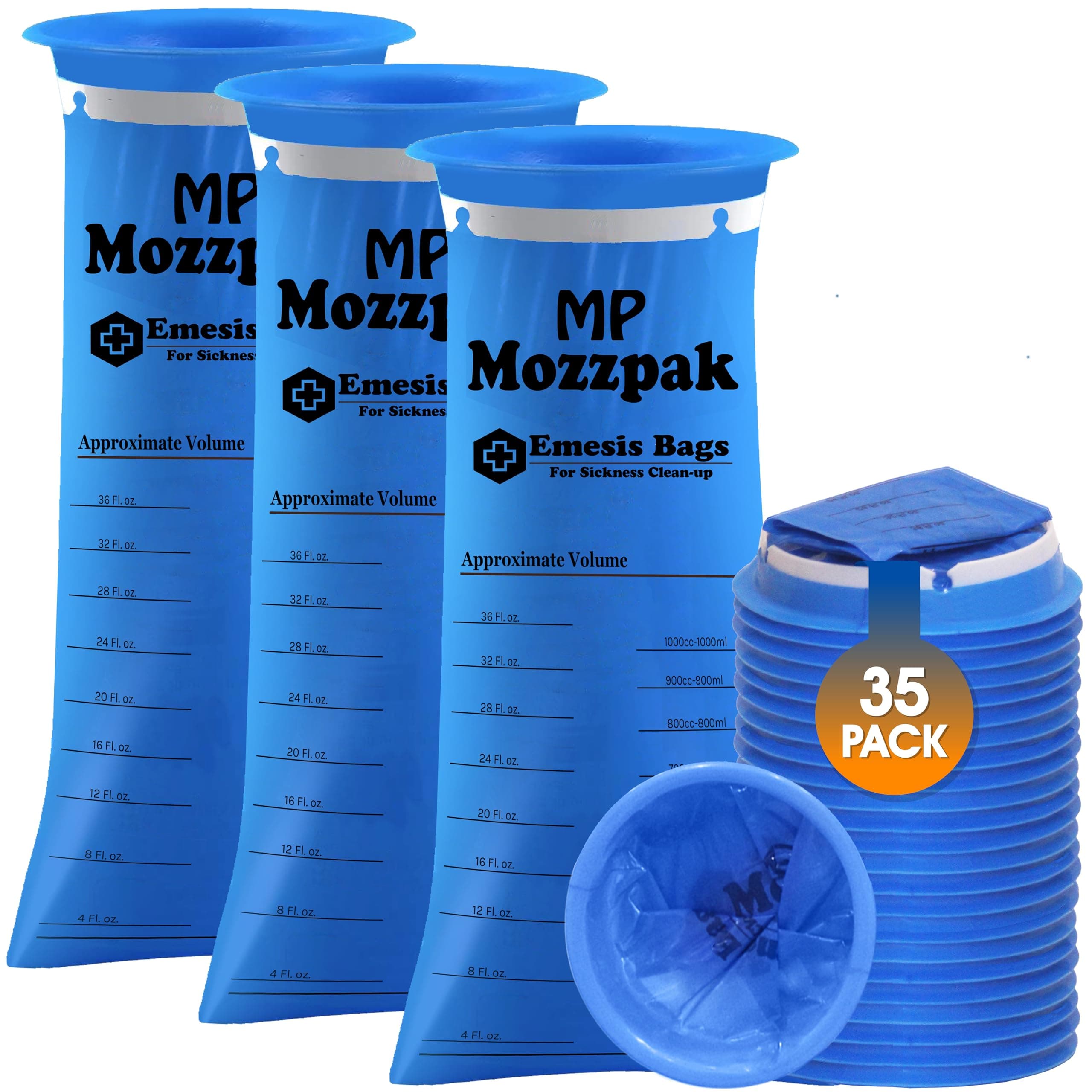 MP MOZZPAK Vomit Bags Disposable 35 Pack - 1000ml Emesis Bags, Leak-Proof Barf Bag, Travel Friendly Puke & Nausea Bag for Motion Sickness, Medical Grade Throw up Relief for Car (35pk - Blue)