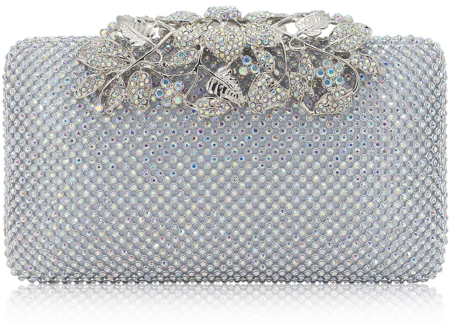 Womens Evening Bag with Flower Closure Rhinestone Crystal Clutch Purse for Wedding Party