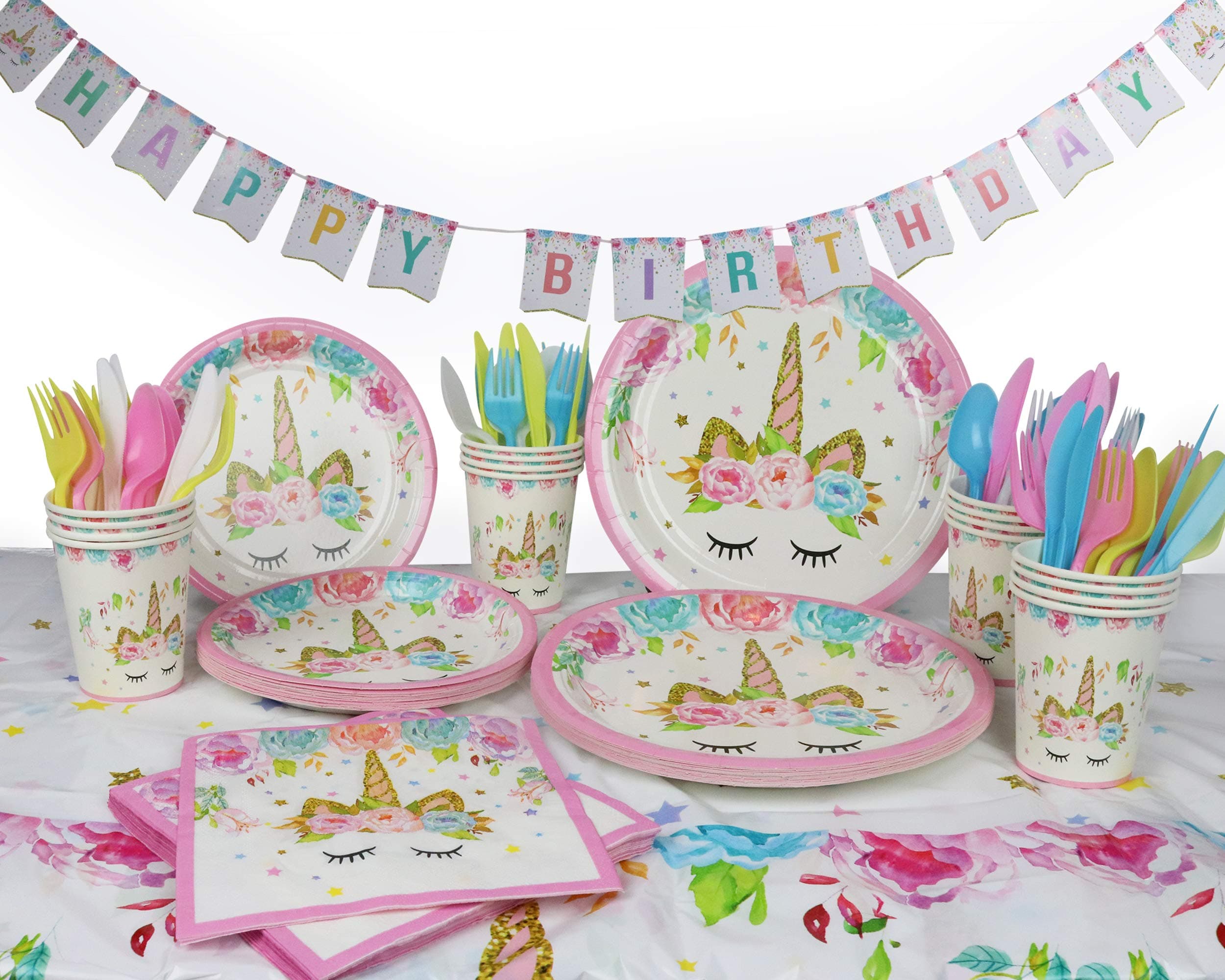 Unicorn Birthday Party Supplies - Plates, cups, napkins, utensils, table cover & banner - Serves 16