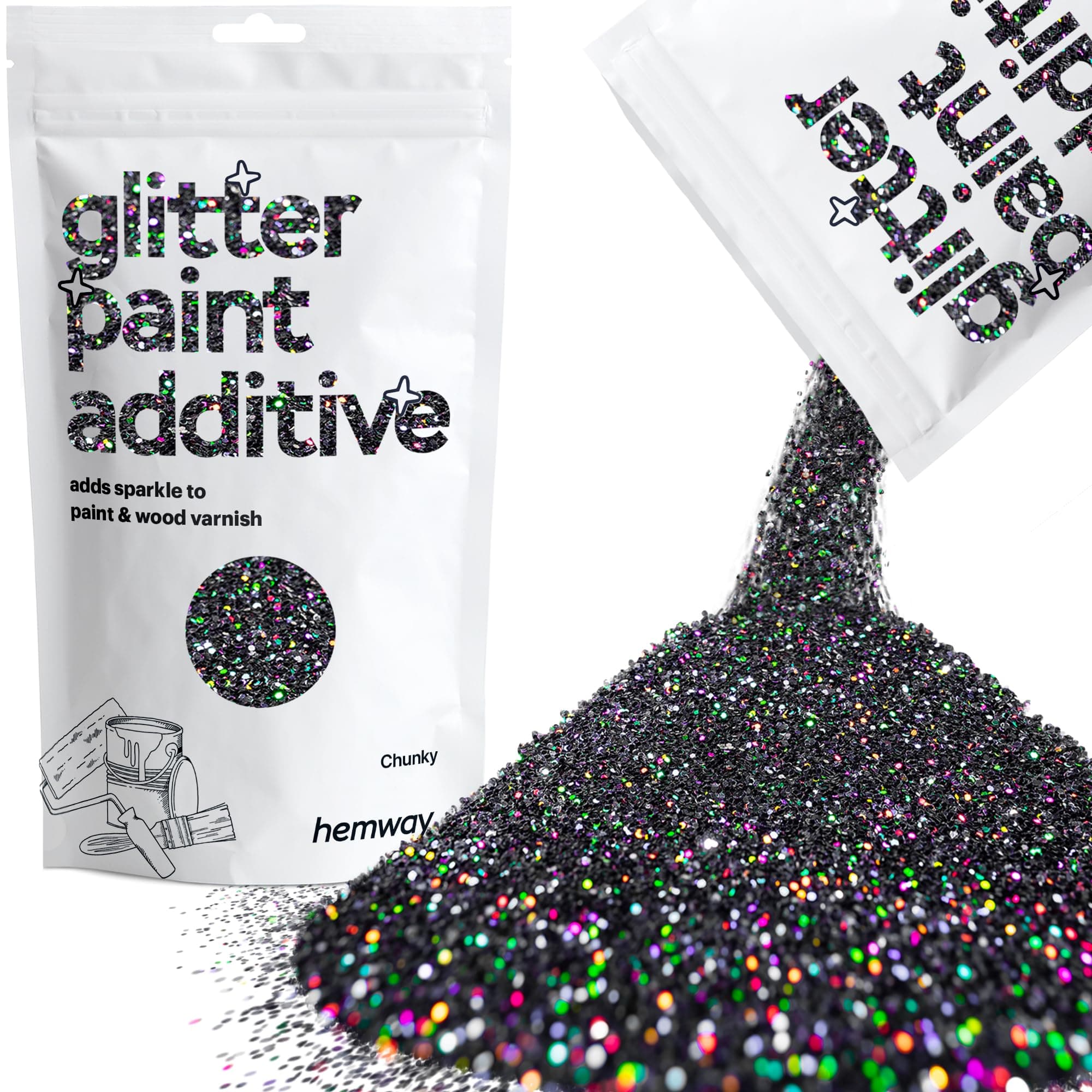 Black Holographic Glitter Paint Additive Chunky 100g for Adding Sparkle to Paints & Varnish | Paint Walls Sparkly Add to Emulsion, Acrylic or Lacquer Indoor | Hemway