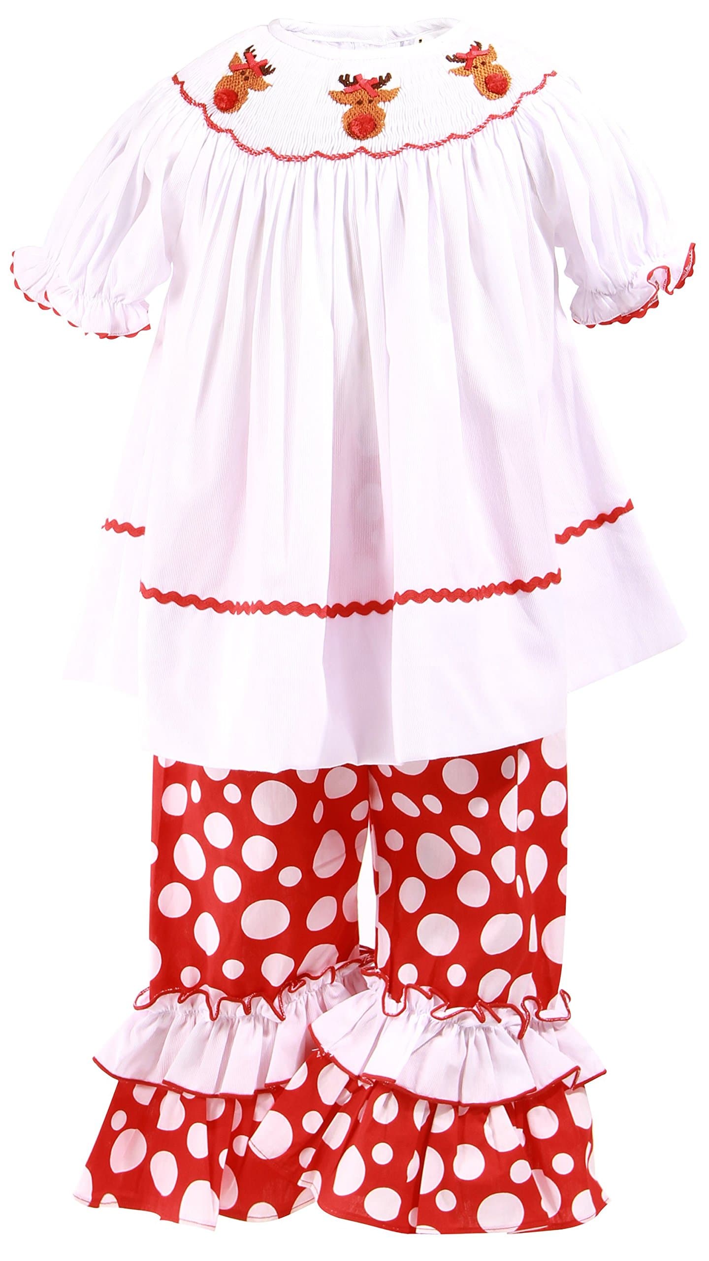 Babeeni Smocked Girl Dress Set - Pique Plain Top with Reindeer on The Neck and Polka Dots Pants for Christmas