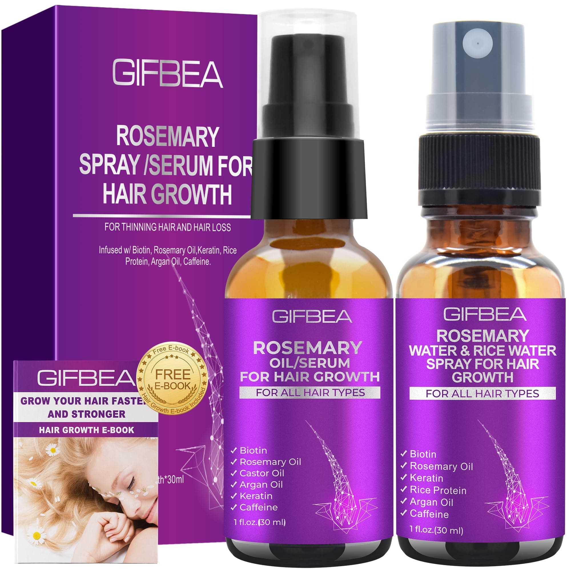 Rosemary Oil Serum for Hair Growth W/Rosemary Water & Rice Water Spray Hair Growth,Biotin Castor Oil Argan Oil Caffeine Keratin Reduce Hair Loss,Hair Thickening Products Treatment for Women Men