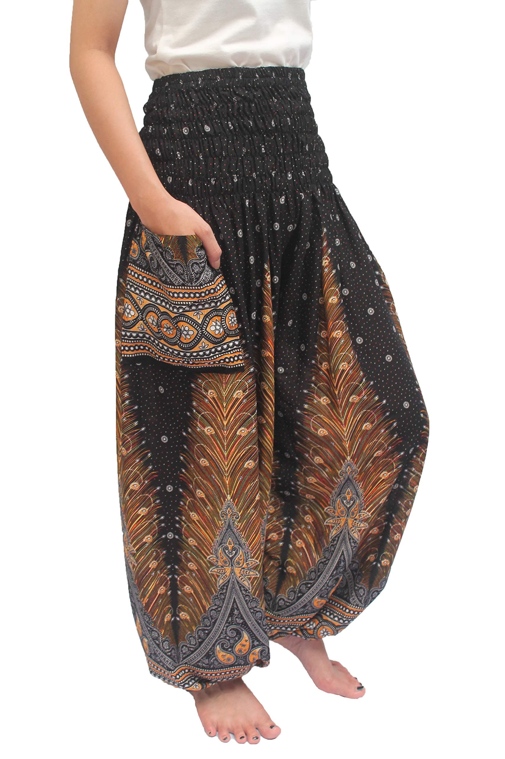 ChiangmaiThaiShop Harem Pant Yoga Bohos for Men & Women Elastic Waist Smocks Rayon