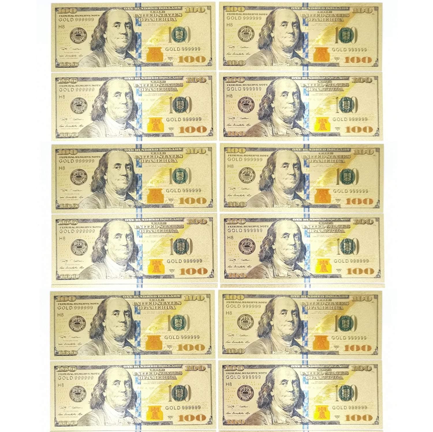 12 PCS $100 USD banknotes, 24K Gold foil Polymer Paper Money 1:1 Size 3D Gold Foil Banknote Crafts (A)