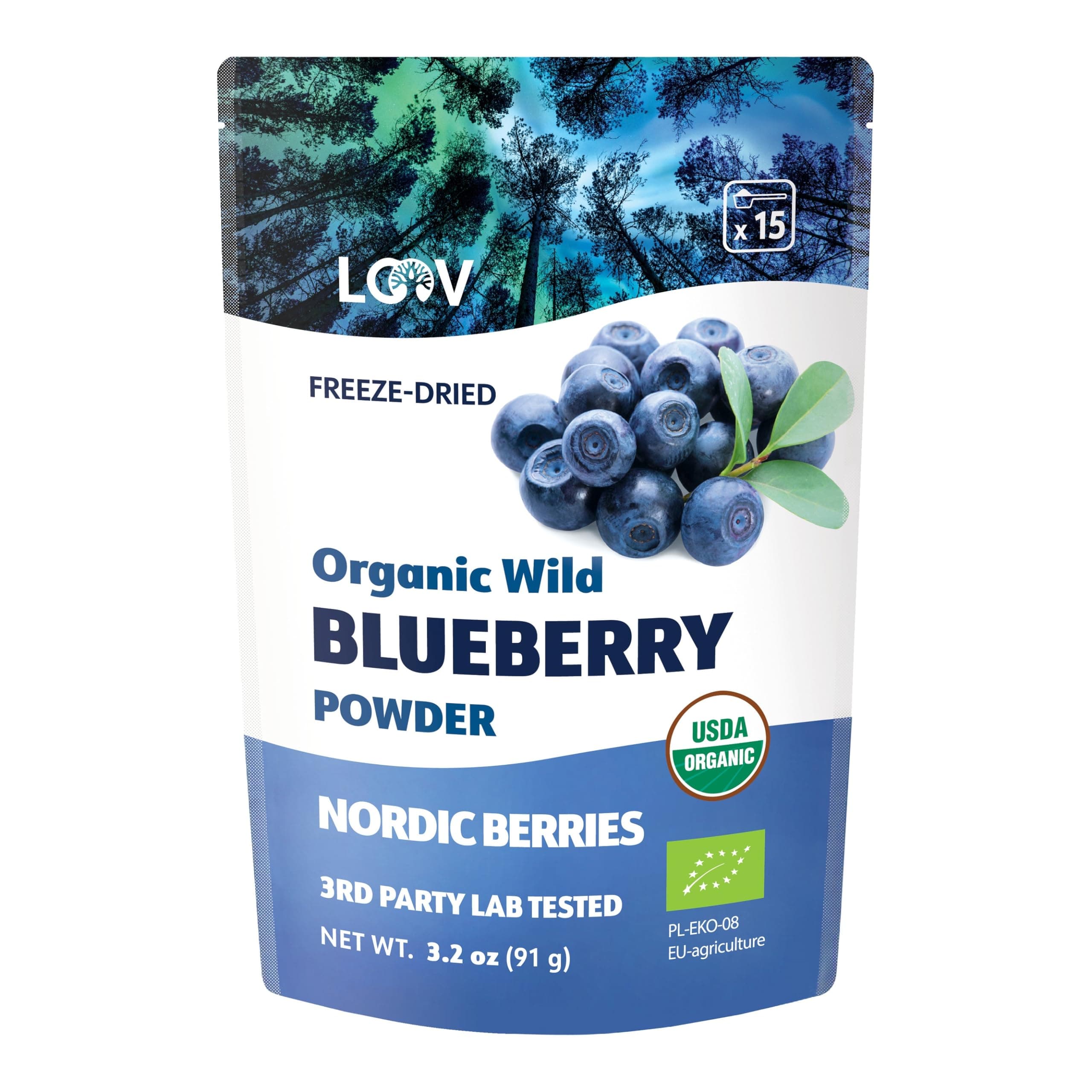 Wild Blueberry Powder Organic, wild-crafted from Nordic forests, 100% whole bilberry fruit, raw, 18-day supply, 3.2 oz, freeze-dried and powdered wild blueberries, high in anthocyanins, free e-book