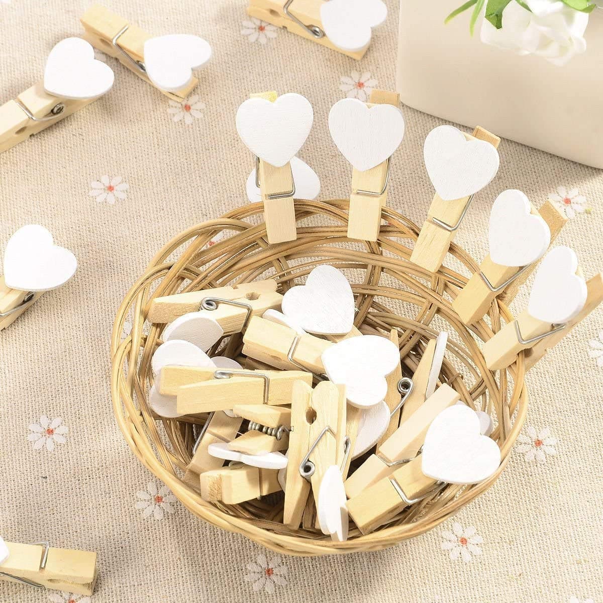 AWinEur 40pcs Love Heart Mini Wooden Photo Paper Clips Pegs for Photos Wedding Decor Craft-White