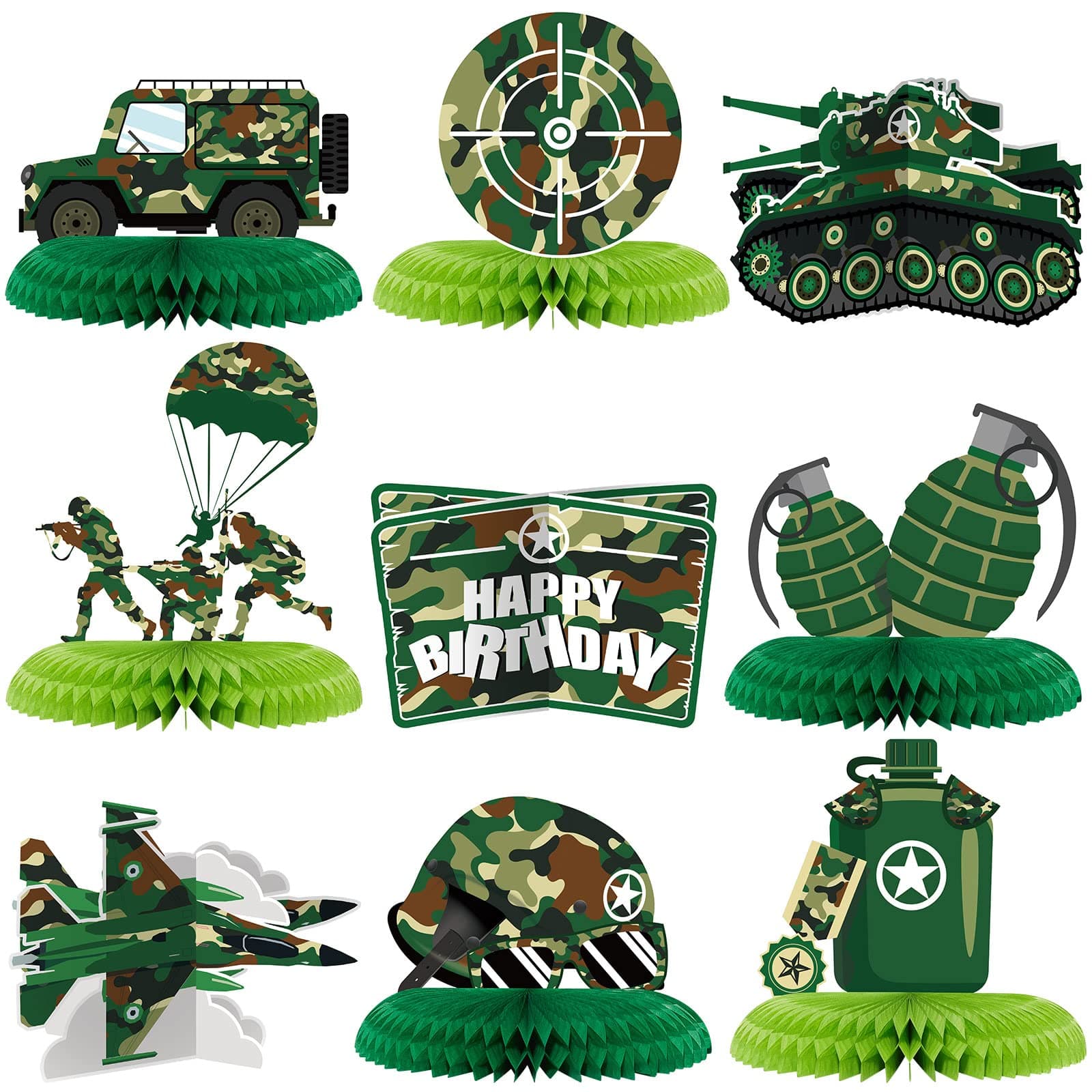 Tinlade 9 Pieces Army Party Decorations Camouflage Birthday Decorations Military Honeycombt Ables Centerpieces for Boys Girls Baby Shower Birthday Party Supplies Decor Photo Prop