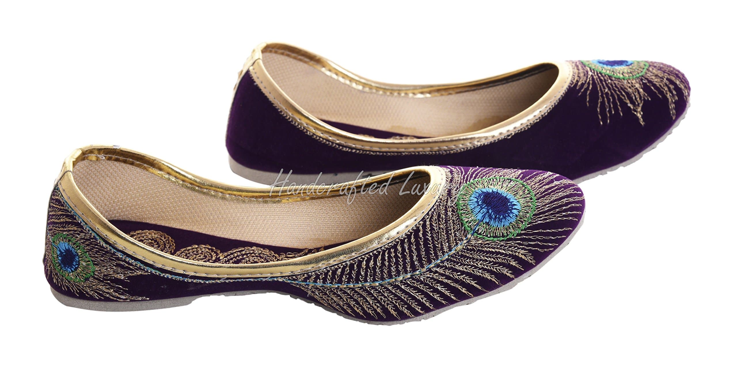 Bridal Women Flat Ballerina Velvet Khussa Shoe Mojari Jooti Jutti Purple and Golden US