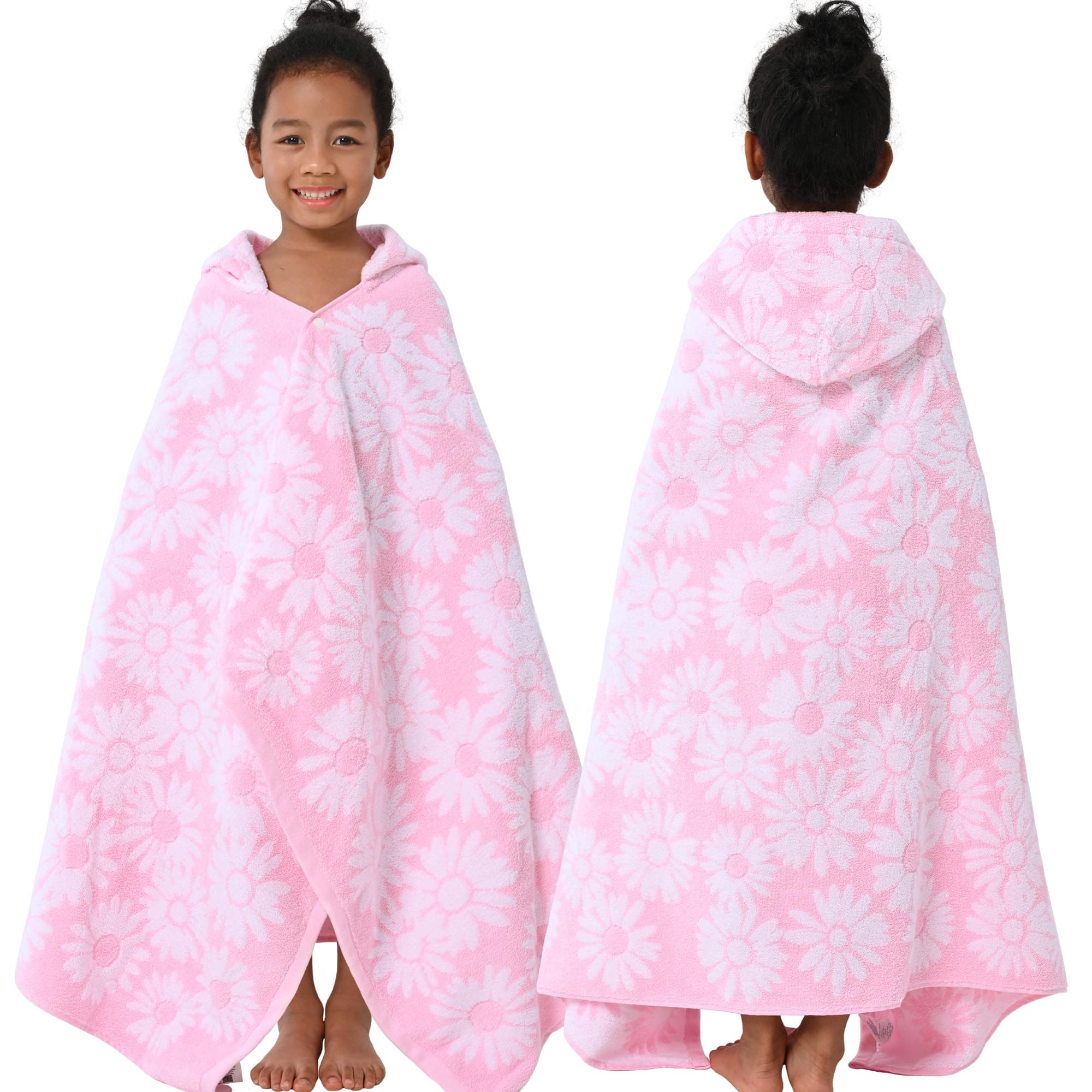 Hooded Bath Towels for Kids (3-10Years) - Soft, Absorbent Turkish Cotton Thick Pool Towels with Hood for Toddler,Perfect for Bath | Beach | Pool | Swim, Jacquard, Pink with White Daisys Theme