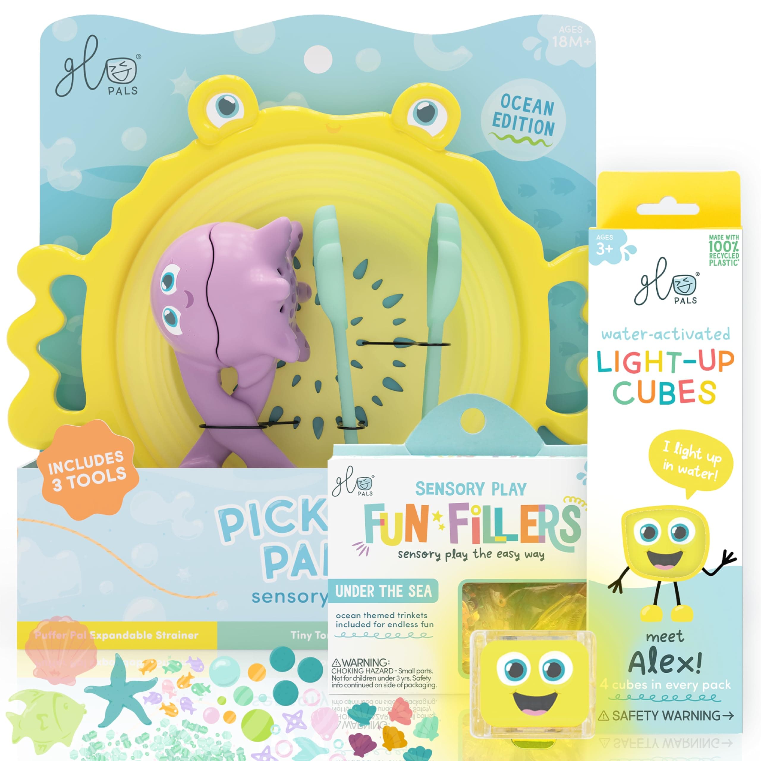 Fine Motor Tools Sensory Play Pack Bundle with Pick-Up Pals Sensory Tools, Yellow Alex Light-Up Cubes, & Under the Sea Fun Fillers (Fun in the Sun)
