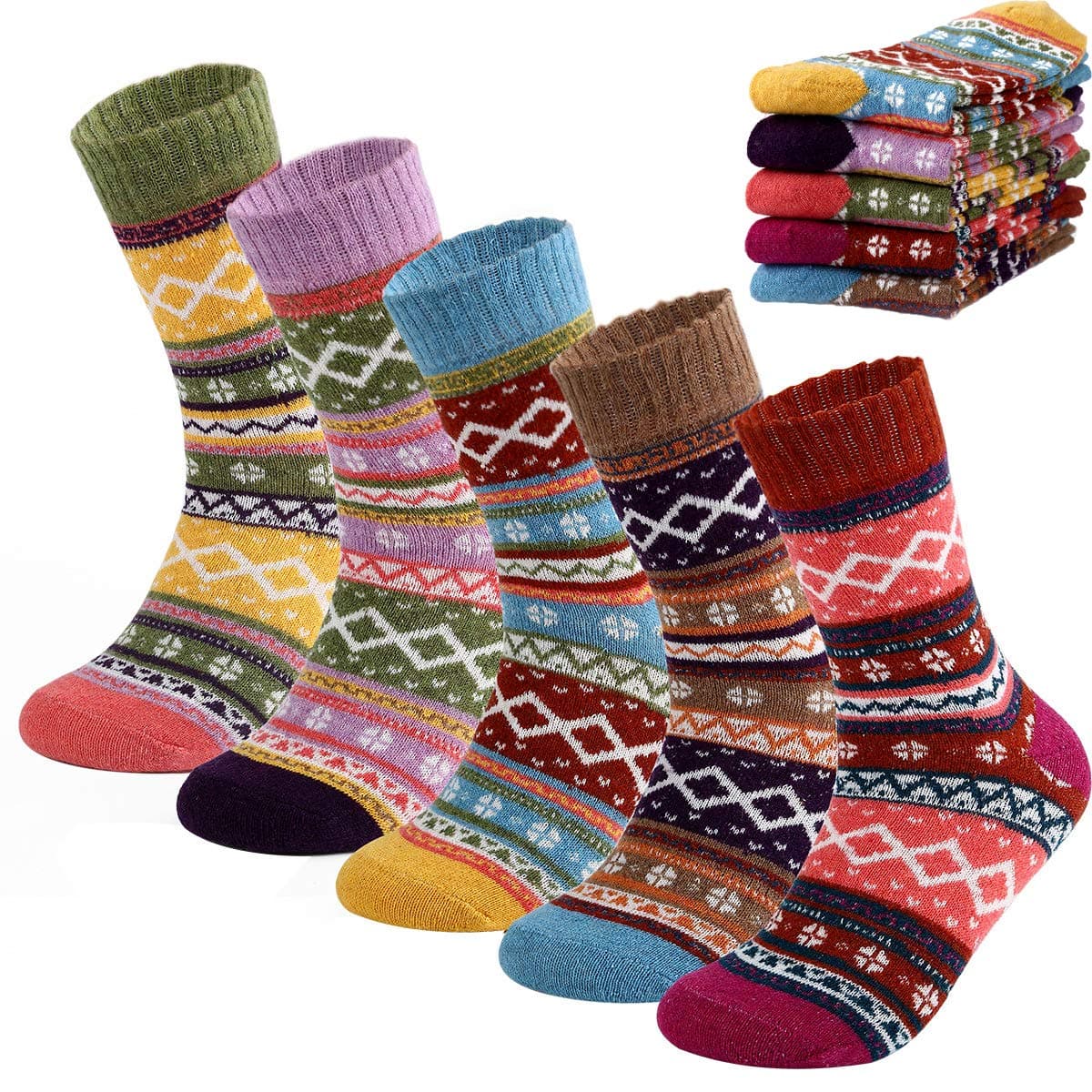 AJXMGMens Winter Warm Wool 5 pairs Crew Cute Socks Mixed Color