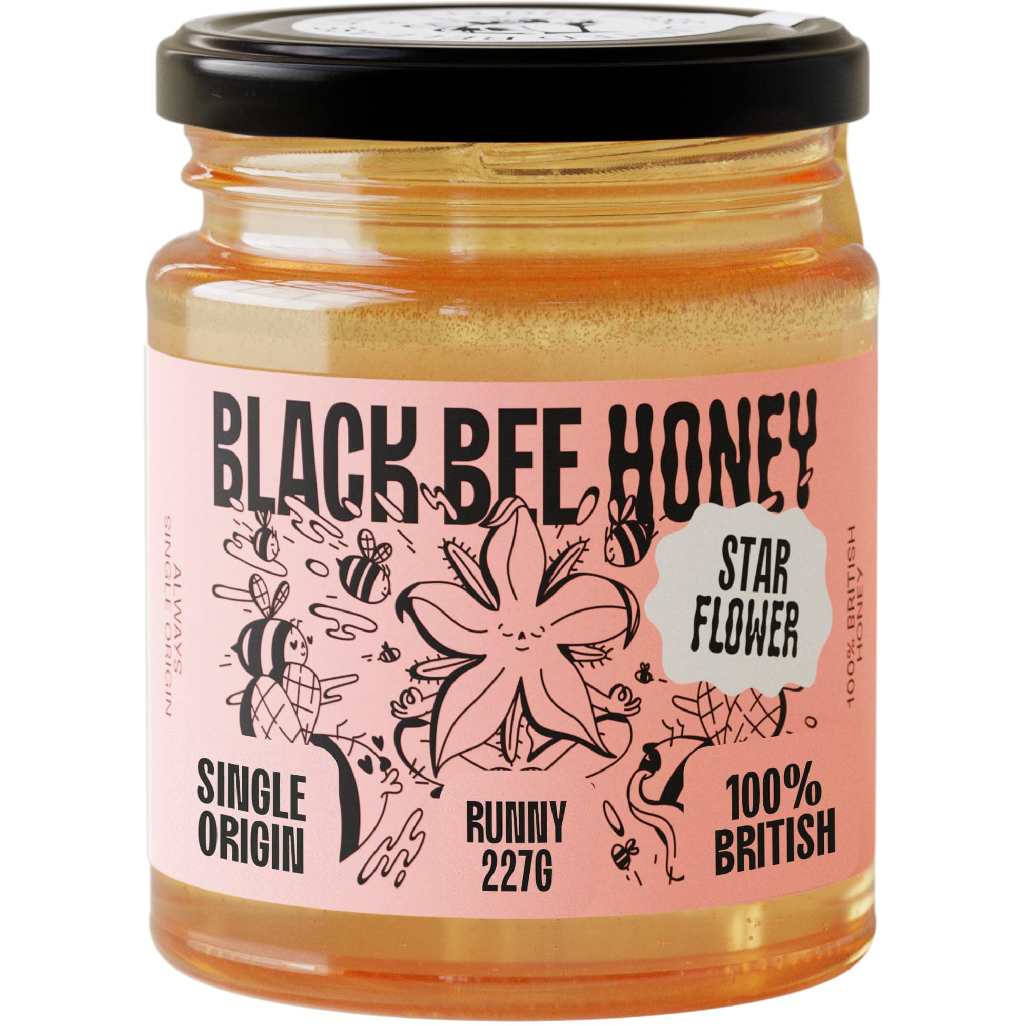 Black Bee Honey - Starflower Honey Pure British Borage Light Sweet and Floral, Unprocessed, Single Source from Hive to Jar, Never Blended - Delicious on Toast or Soothing in Drinks, 227g Glass Jar
