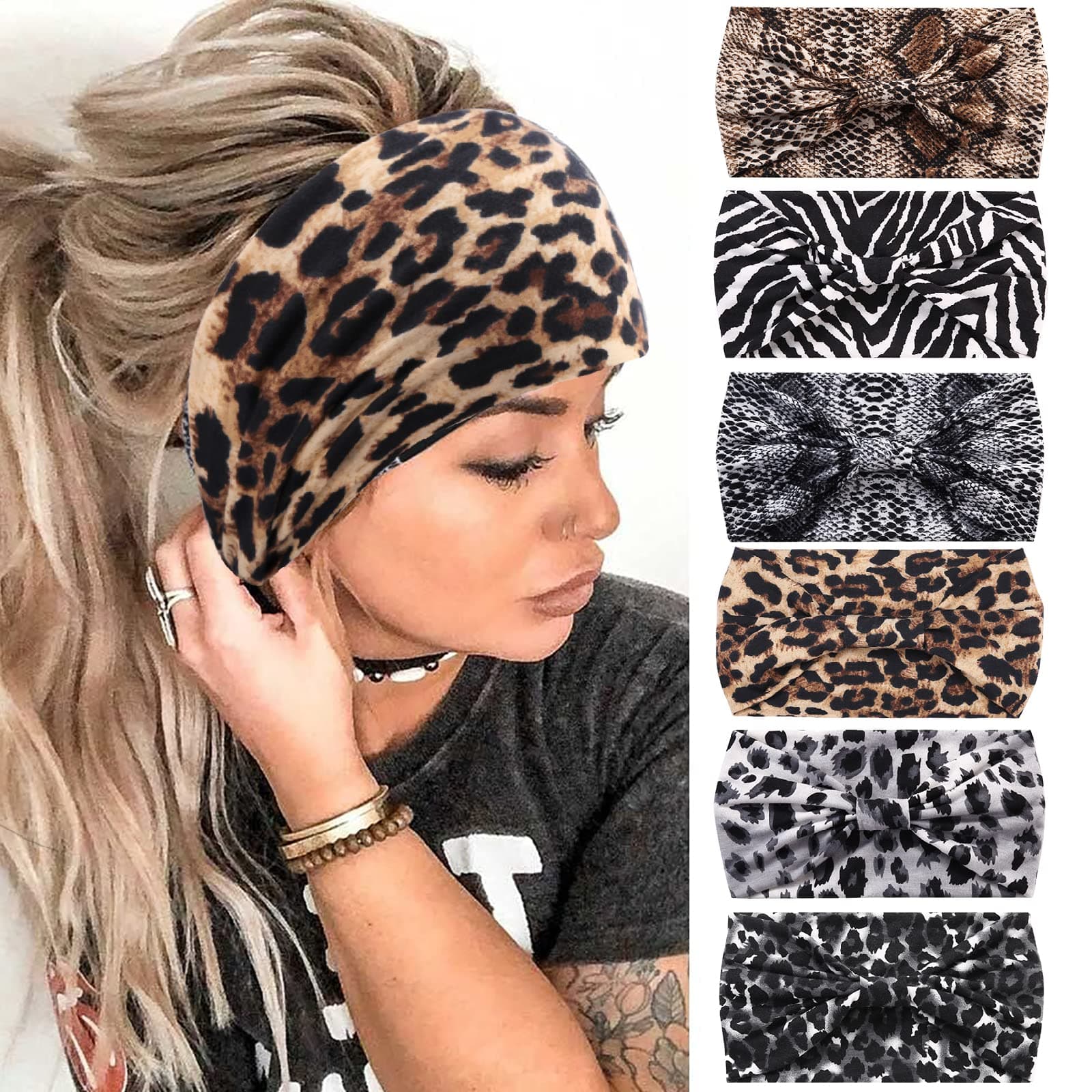 Headbands for Women, 6 PCS Wide Boho Headbands Elastic Bandana Non Slip Sweat Fashion Large Headwraps Hair Bands Headwear fit All Head Sizes for Workout, Sports, Running, Yoga (Set 3)