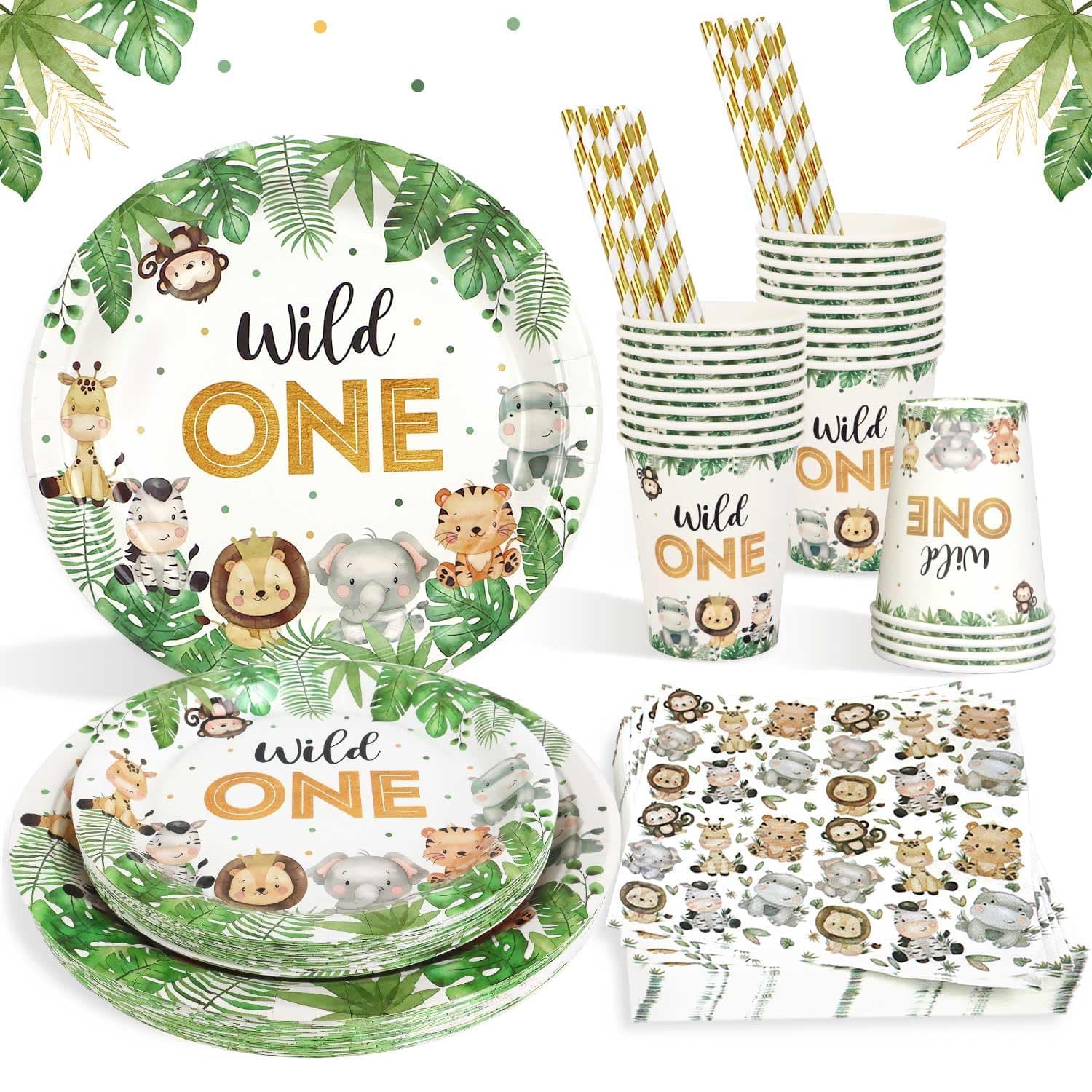 Wild One Birthday Decorations Paper Plates Set for 25 Guests, Boys Safari Jungle Theme Party Decorations Paper Plates Cups Napkins Straws Tableware Wild One Party Supplies