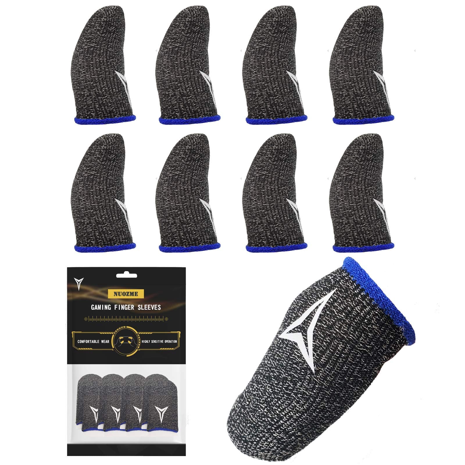 Nuozme 8 Pack Gaming Finger Sleeves for Mobile Gaming, 0.3mm Silver Fiber, Smooth Operation, Anti-Sweat, Extremely Thin, Finger Sleeves Compatible with Mobile Phone Tablet Devices(Blue)