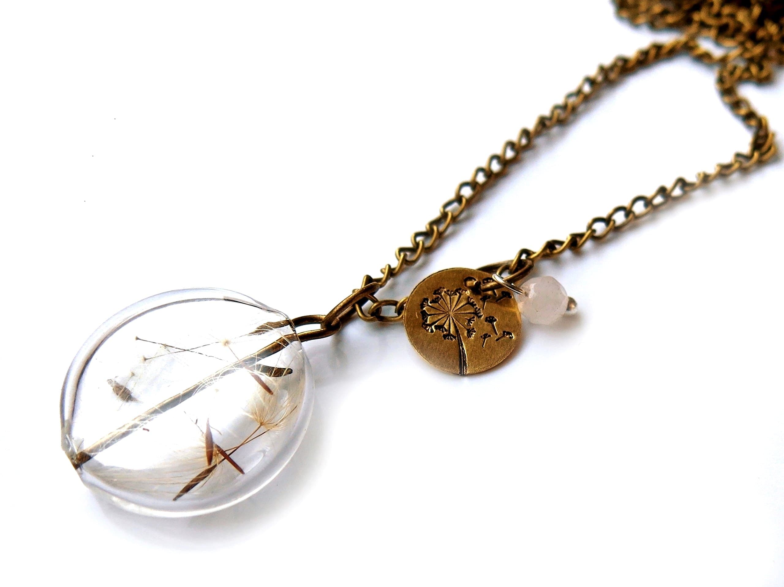 Ladyville Berlin Necklace with Hanger - Stamped Dandelion + Real Dandelion - Brass Colored