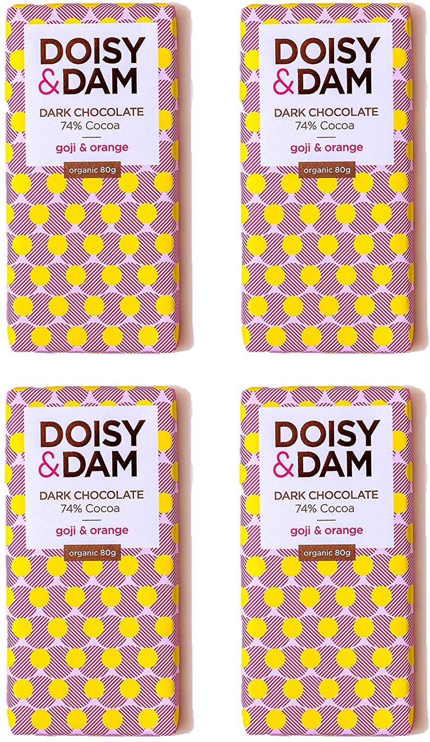 Doisy & Dam 74 Percent Goji and Orange Dark Chocolate, 80 g, Pack of 4
