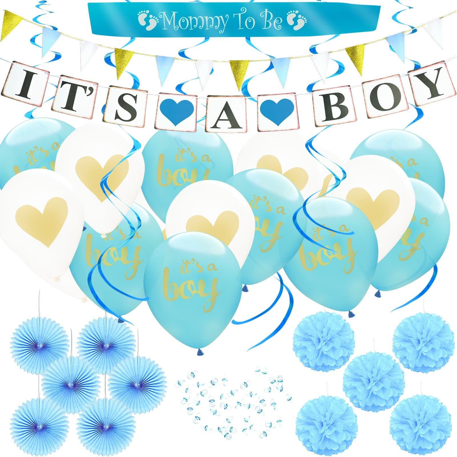 (80pcs Set) Baby Shower Party Decorations for Boy, It's A BOY Banner & Balloons, Mommy to BE Sash, Blue Paper Flower Decor Favors, Pacifiers, Swirl Garland, Glitter Triangle Banner, Party Supplies