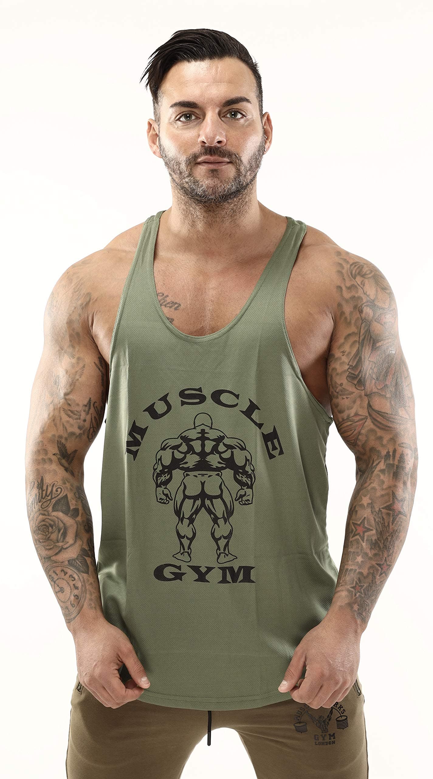 MUSCLE GYM Mens Vest Tank Top, Low Cut Gym Stringers Bodybuilding Army Green