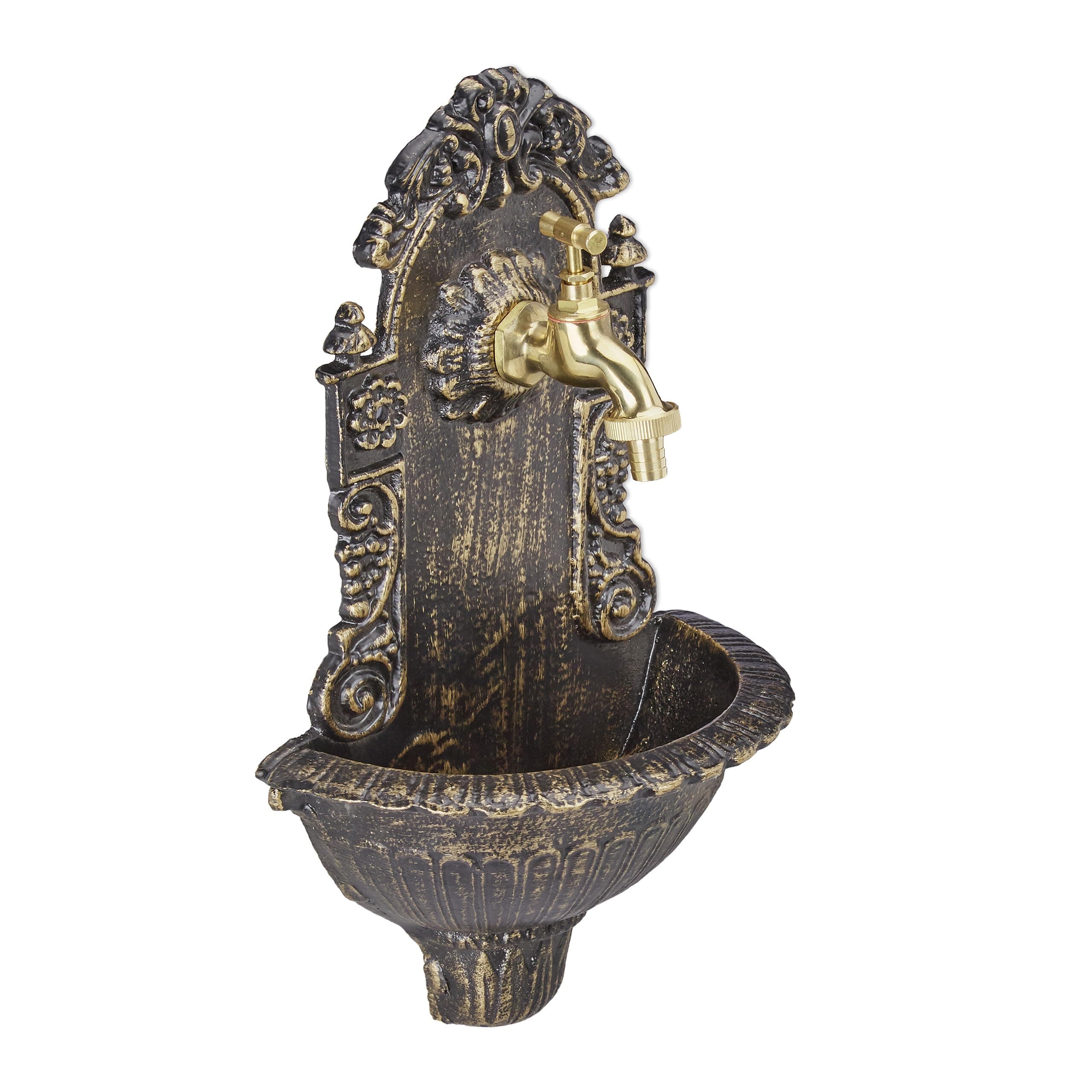 Relaxdays Antique Wall Water Fountain, Faucet, Nostalgic, Garden Basin, Cast Aluminium, HWD 40 x 24.5 x 13 cm, Black