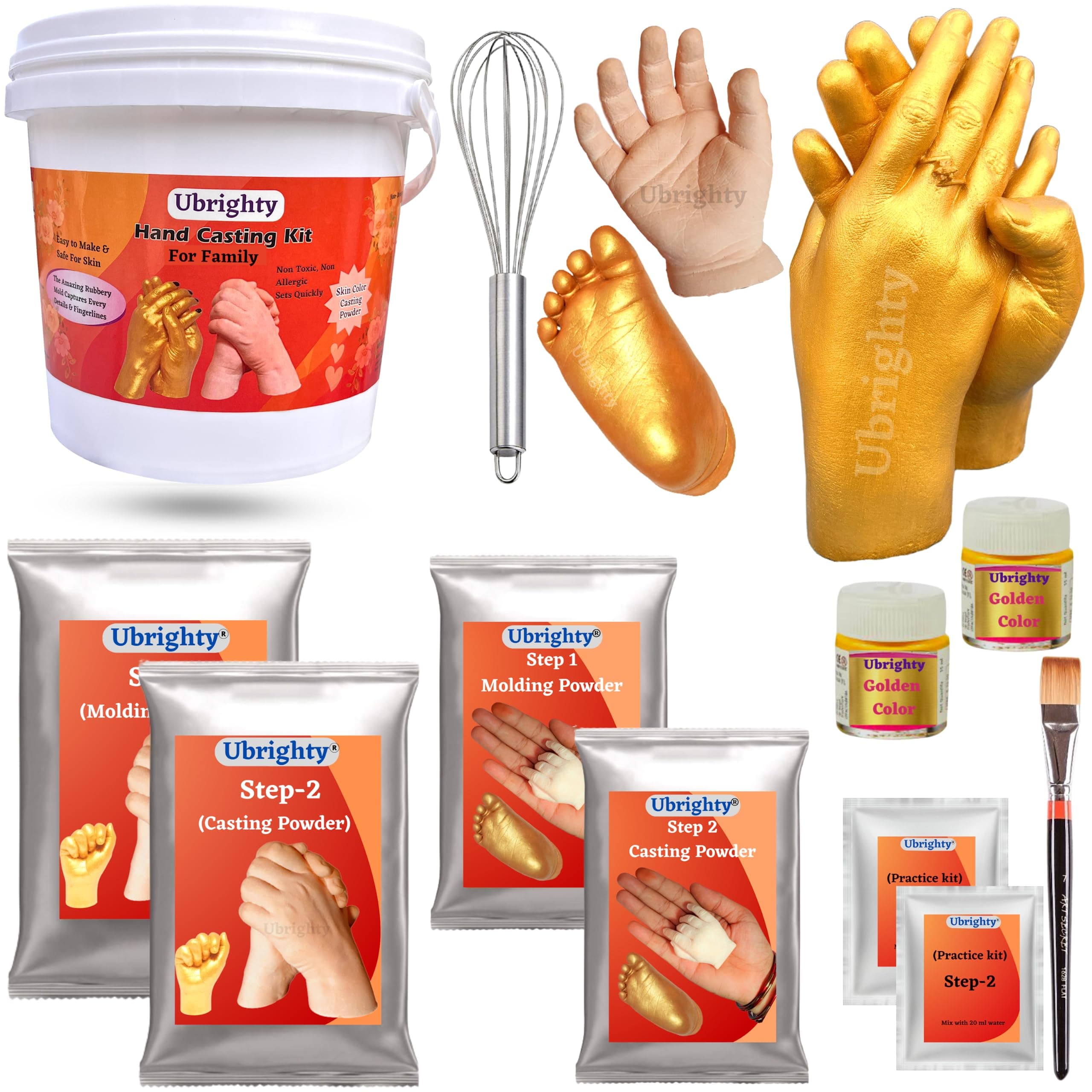 Hand Casting Kit for Couples Family and Baby Hand Molding Powder 3D Hand Foot Casting Couple Molding Powder 800 Gm, Casting Stone 1450 Gm (Family Pack, Gold)