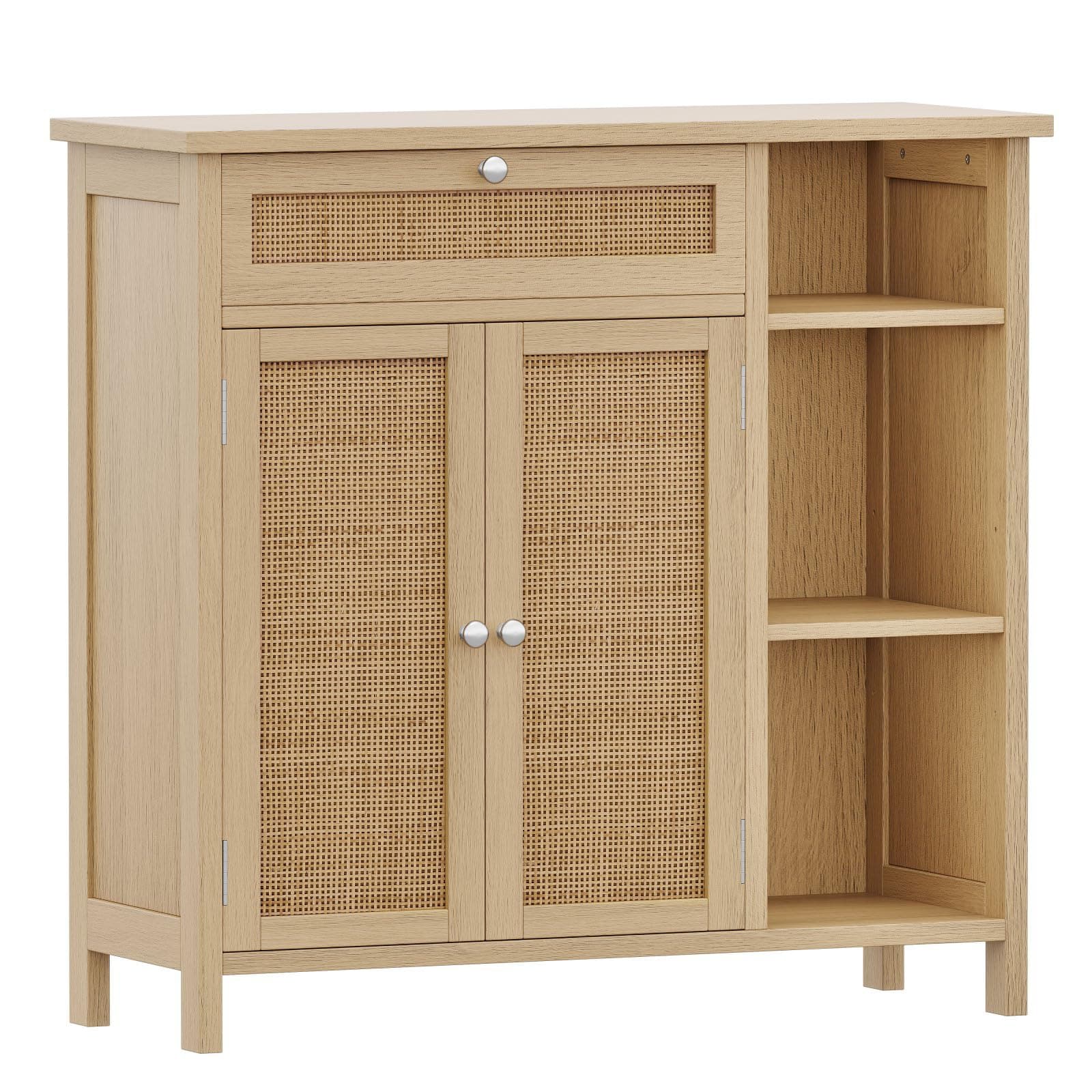 Irontar Rattan Bathroom Cabinet with Doors, Bathroom Floor Cabinet with Drawer & Adjustable Shelf, Kitchen Cupboard Storage for Living Room, Entryway, Natural