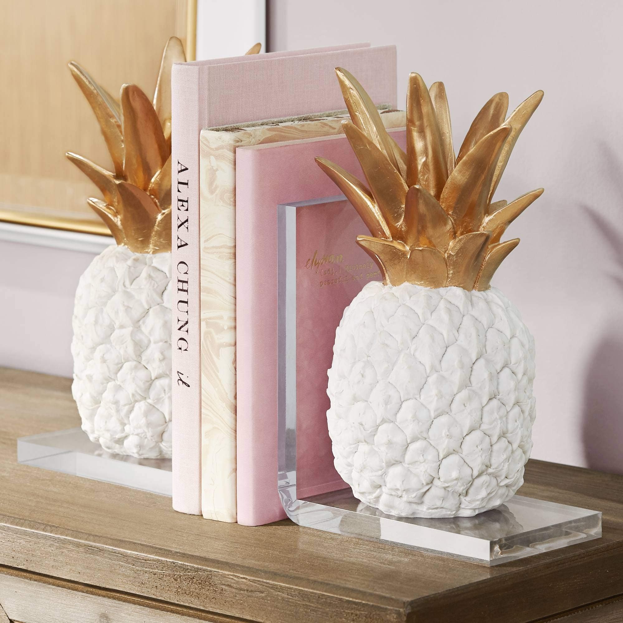 Dahlia Studios Tropical Pineapple 10" High White and Gold Bookends