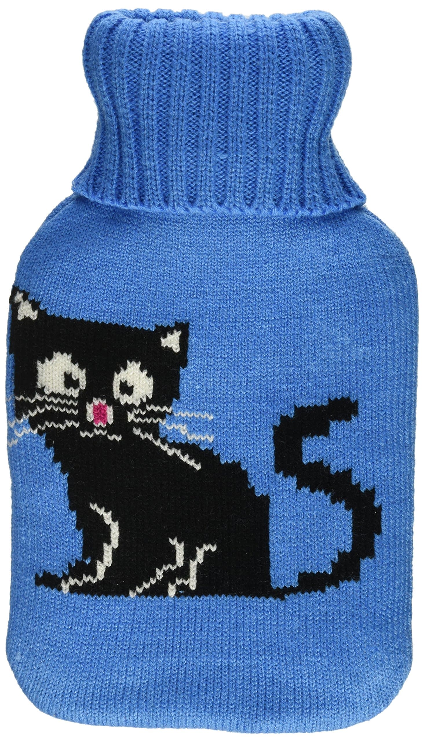 Premium Classic Rubber Hot Water Bottle w/Cute Knit Cover (1 Liter, Blue/Blue with Black Cat)