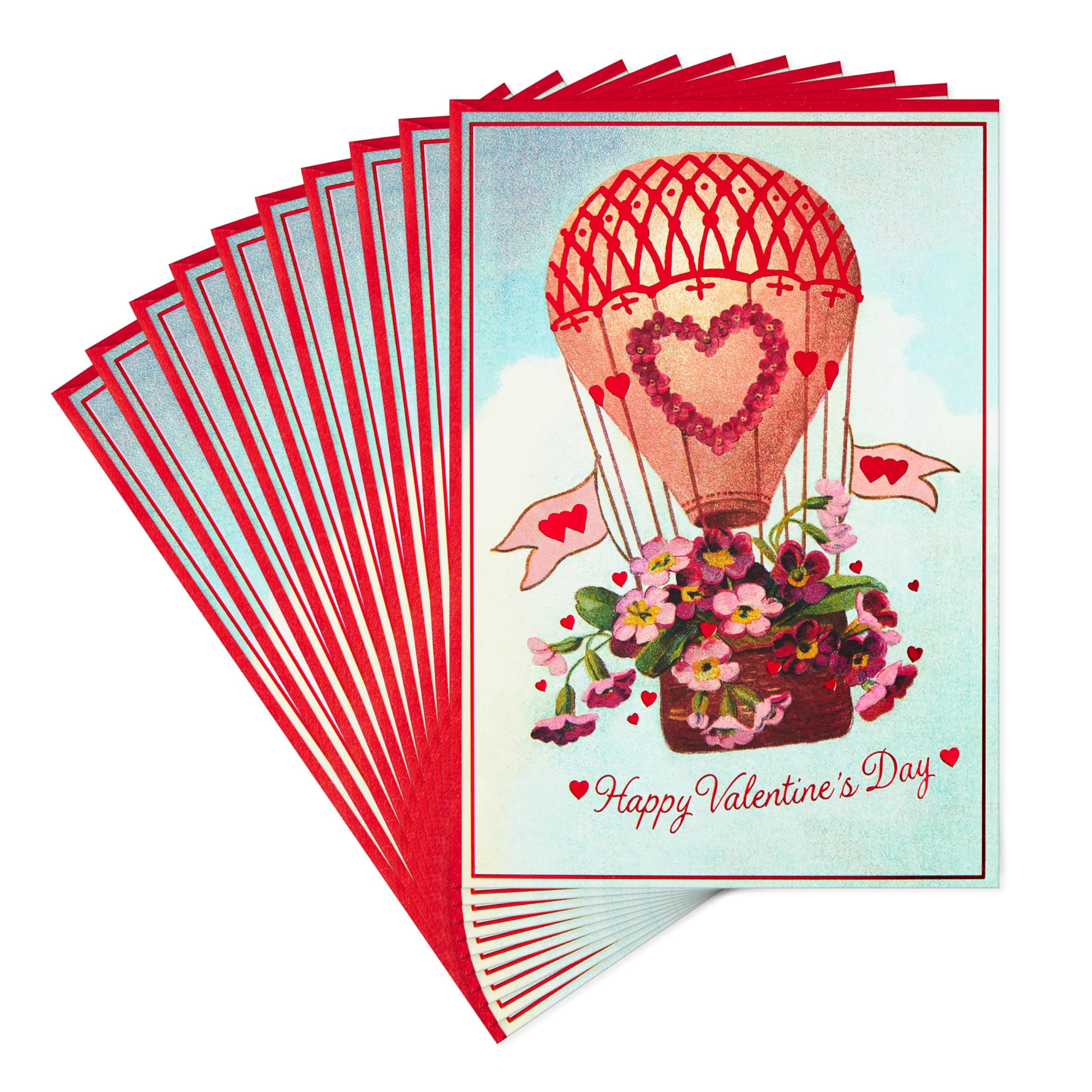 Pack of Valentines Day Cards, Vintage Hot Air Balloon (10 Valentines Day Cards with Envelopes)