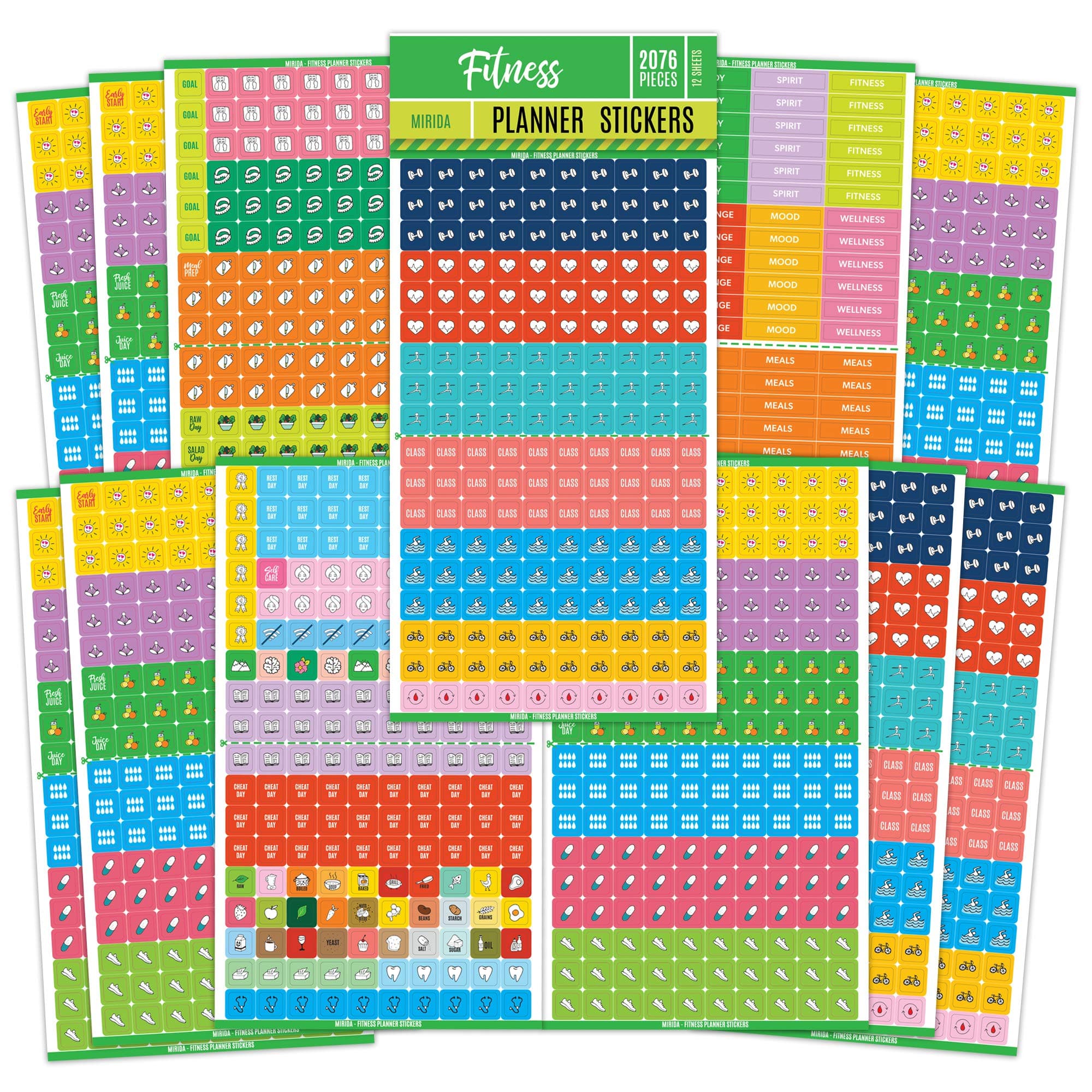 EDUCATES Mirida Planner Stickers - Fitness Pack of 2076 Mini Icons for Workout, Healthy Diet, Gym Exercise, and Habits - for Calendar and Journal