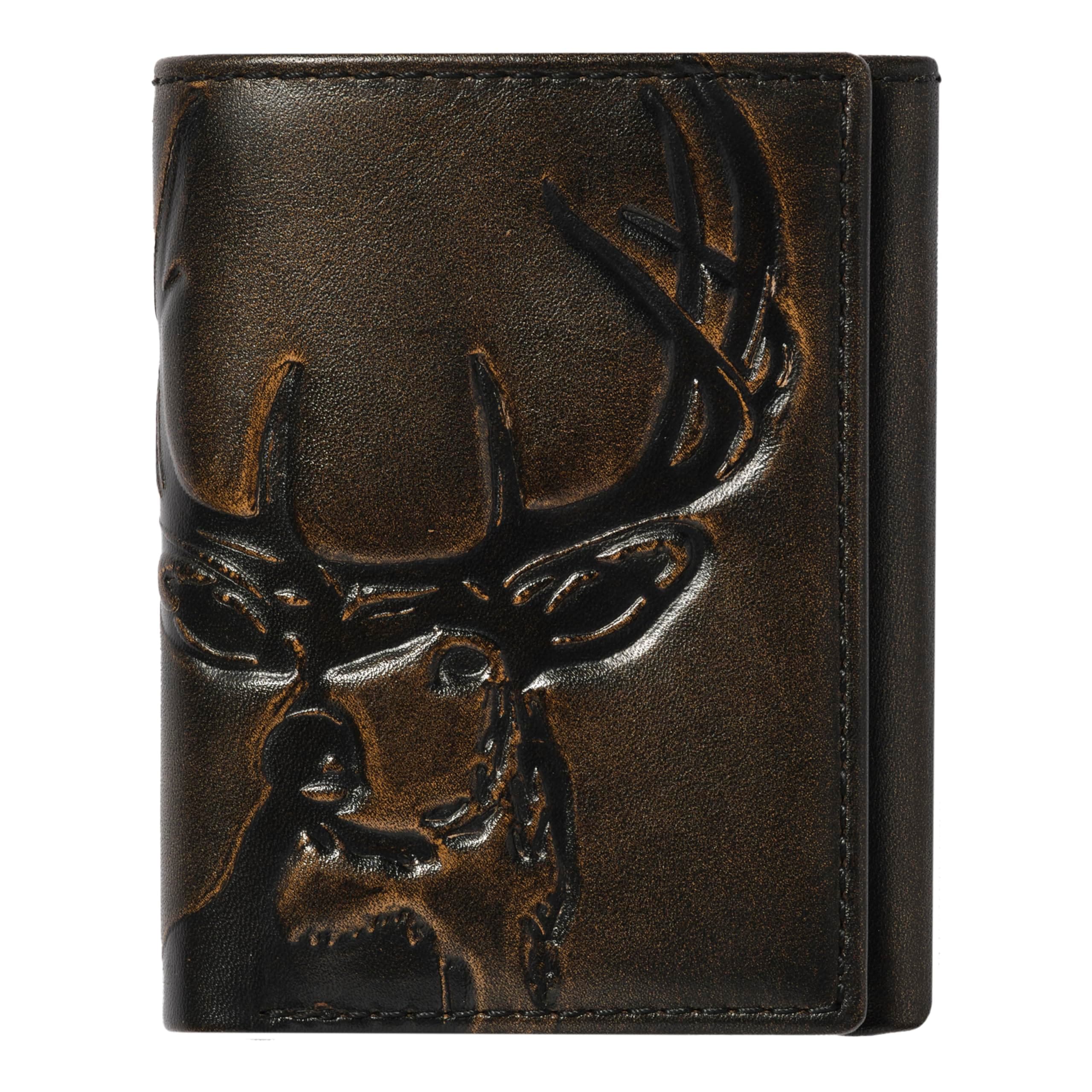 Deer Trifold Wallet for Men, Leather Hunting Wallet with Full-Grain Leather, Extra-Capacity Organization, Black
