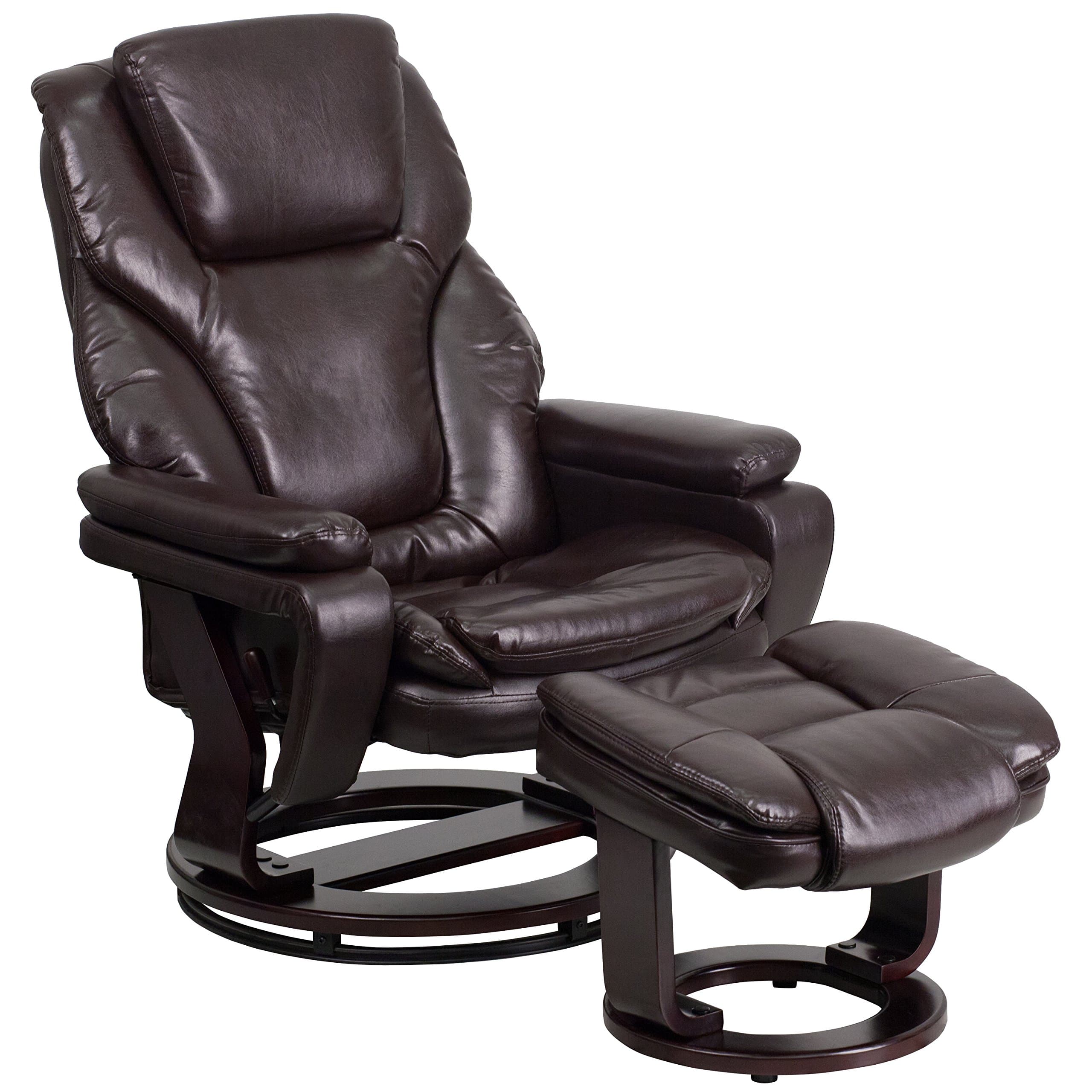 My Friendly Office MFO Contemporary Brown Leather Recliner and Ottoman with Swiveling Mahogany Wood Base