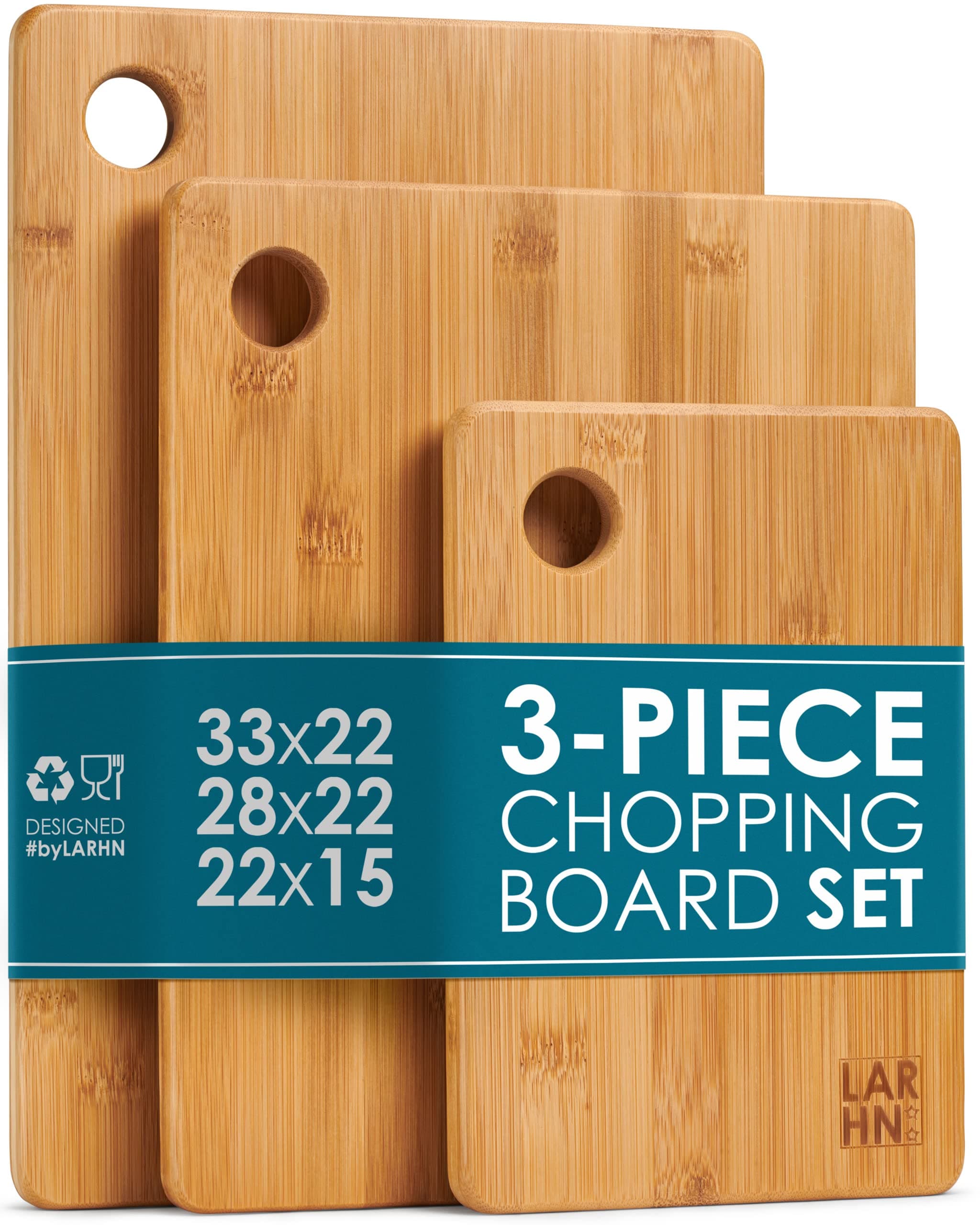 LARHN Premium Extra-Thick Wooden Chopping Boards - 3 Piece Bamboo Chopping Board Set - 33x22cm / 28x22cm / 22x15cm - Ideal for Carving Meat, Cutting Vegetables, Cheeses and Bread - by