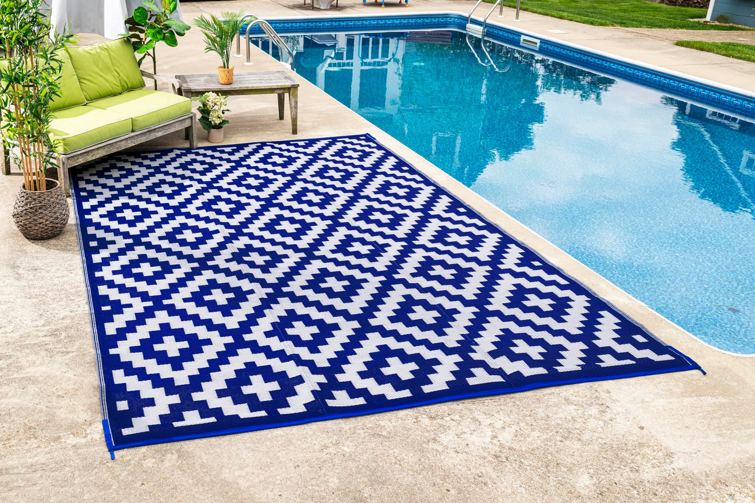 FH Home Outdoor Camping Rug - Waterproof, Fade Resistant, Reversible - Premium Recycled Plastic - Geometric - Large Patio, Deck, Sunroom, RV - Aztec - Blue & White - 9 x 12 ft Foldable