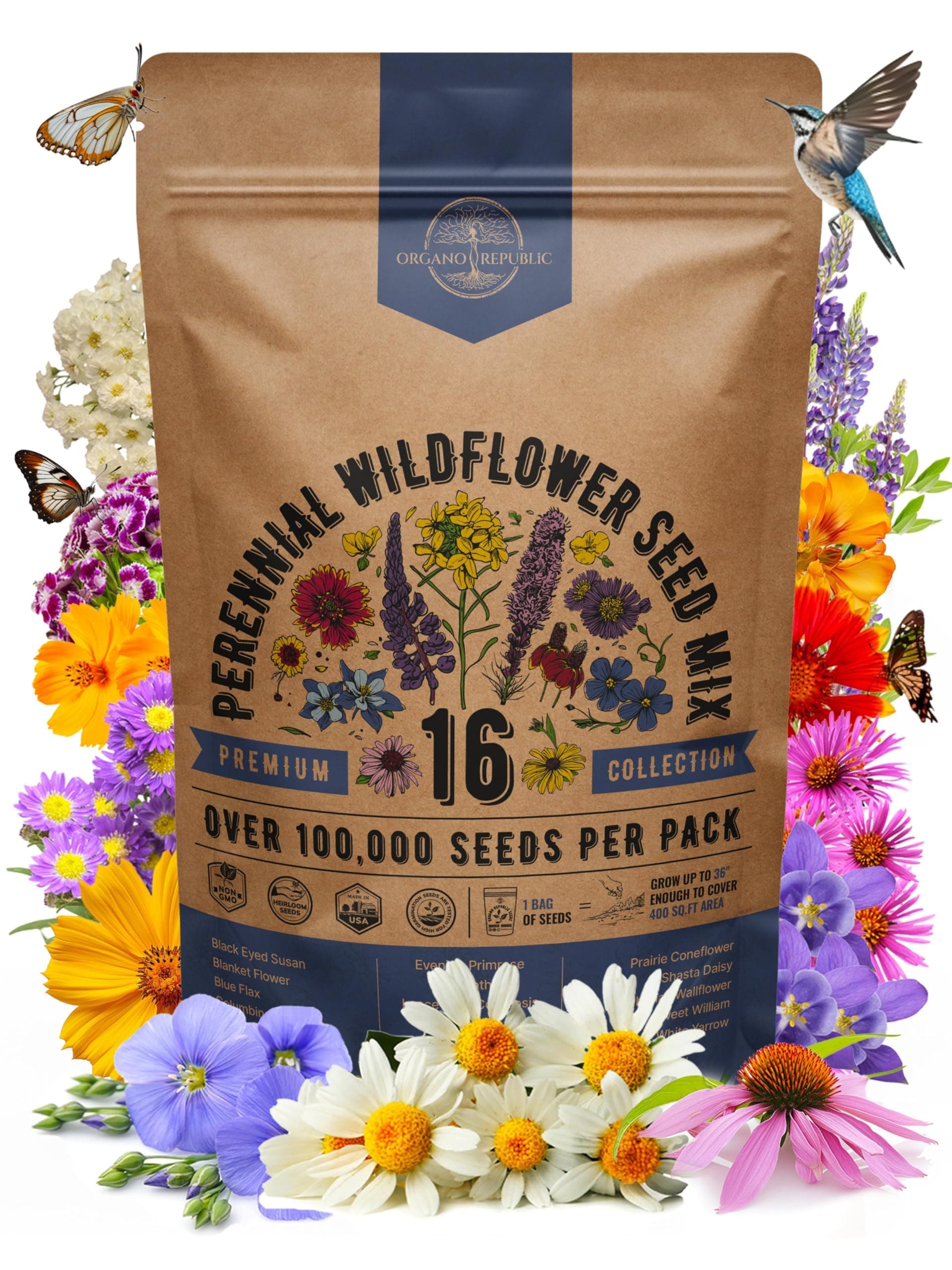 Organo Republic 16 Perennial Wildflower Seeds Mix for Indoor & Outdoors. 100,000+ Non-GMO, Heirloom Wildflower Garden Seeds, 4oz Packet for Growing Wild Flowers to Attract Bees, Butterflies & Birds
