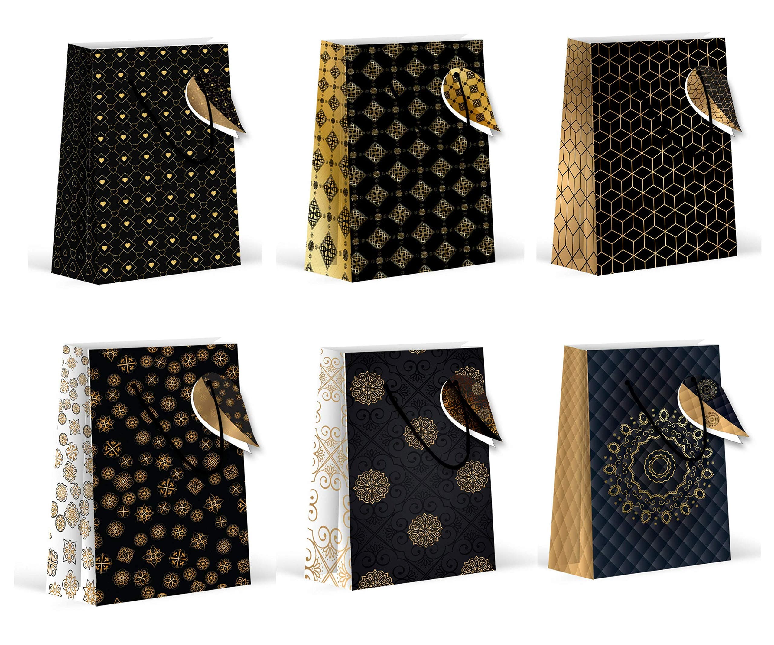 Gold Black Premium Gift Bags, Medium, Gift Bags (Family), Qty 12 (Four of Each Design)