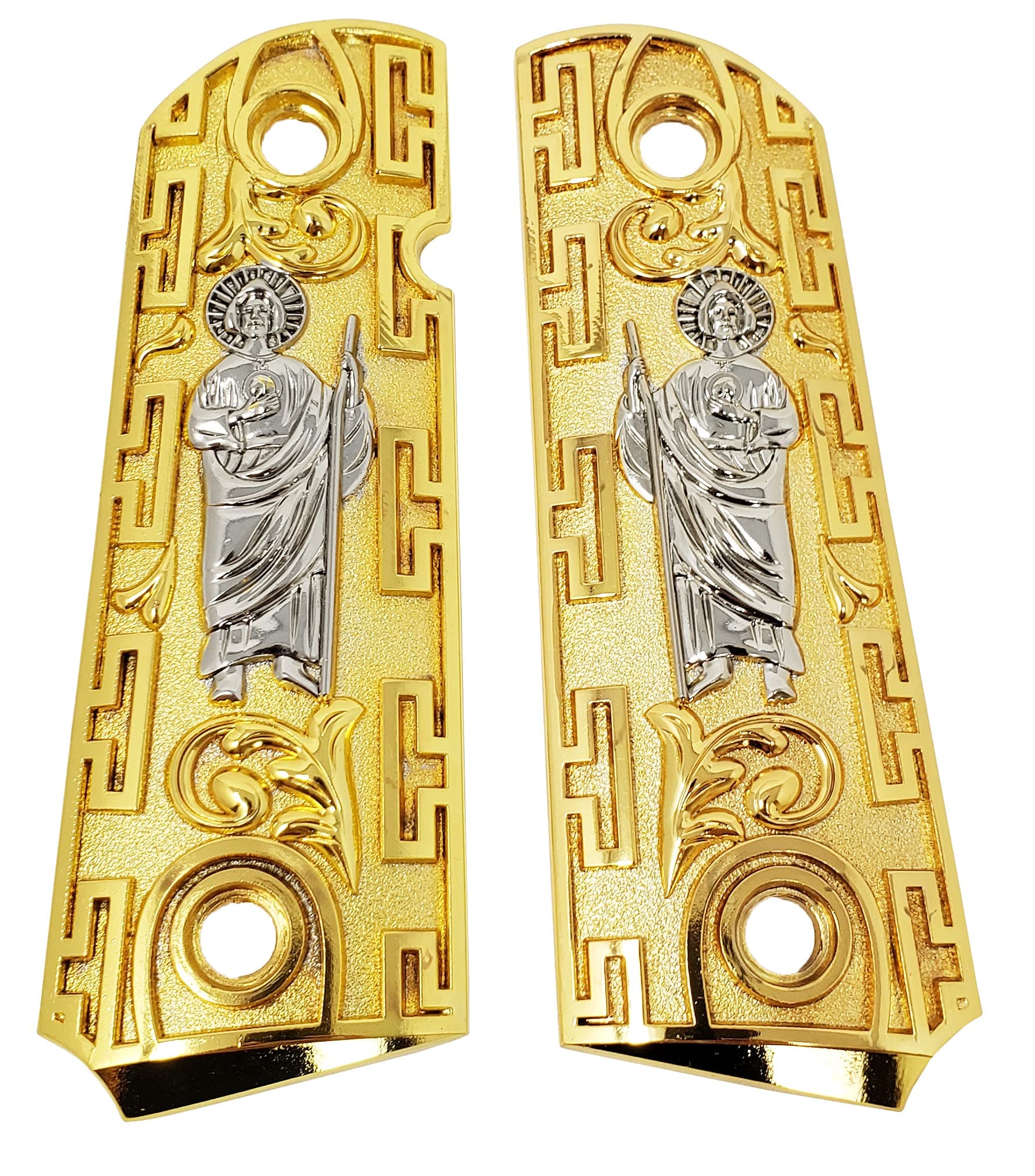Gold Plated St. Jude Metal Grips for 1911 Full Size Government – Custom Ornamental Grip Panels with Ambi Cut Design and Matching Screws Included for Full Size Frames