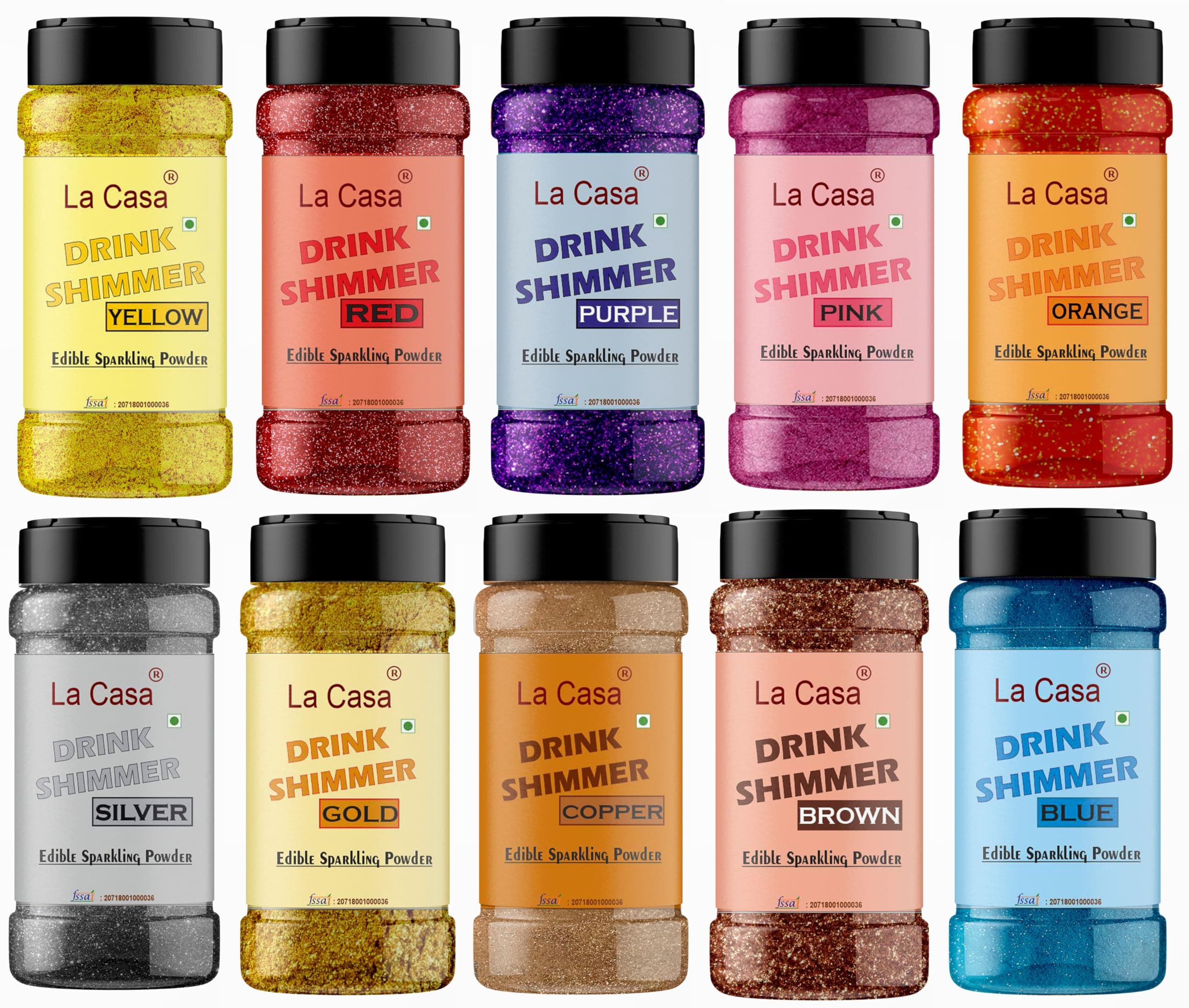 La Casa Drink Shimmer Combo | Orange+Yellow+Gold+Silver+Copper+Blue+Purple+Pink+Brown+Red | Edible Shine/Glow For Drinks/Liquids | 10x50gm |
