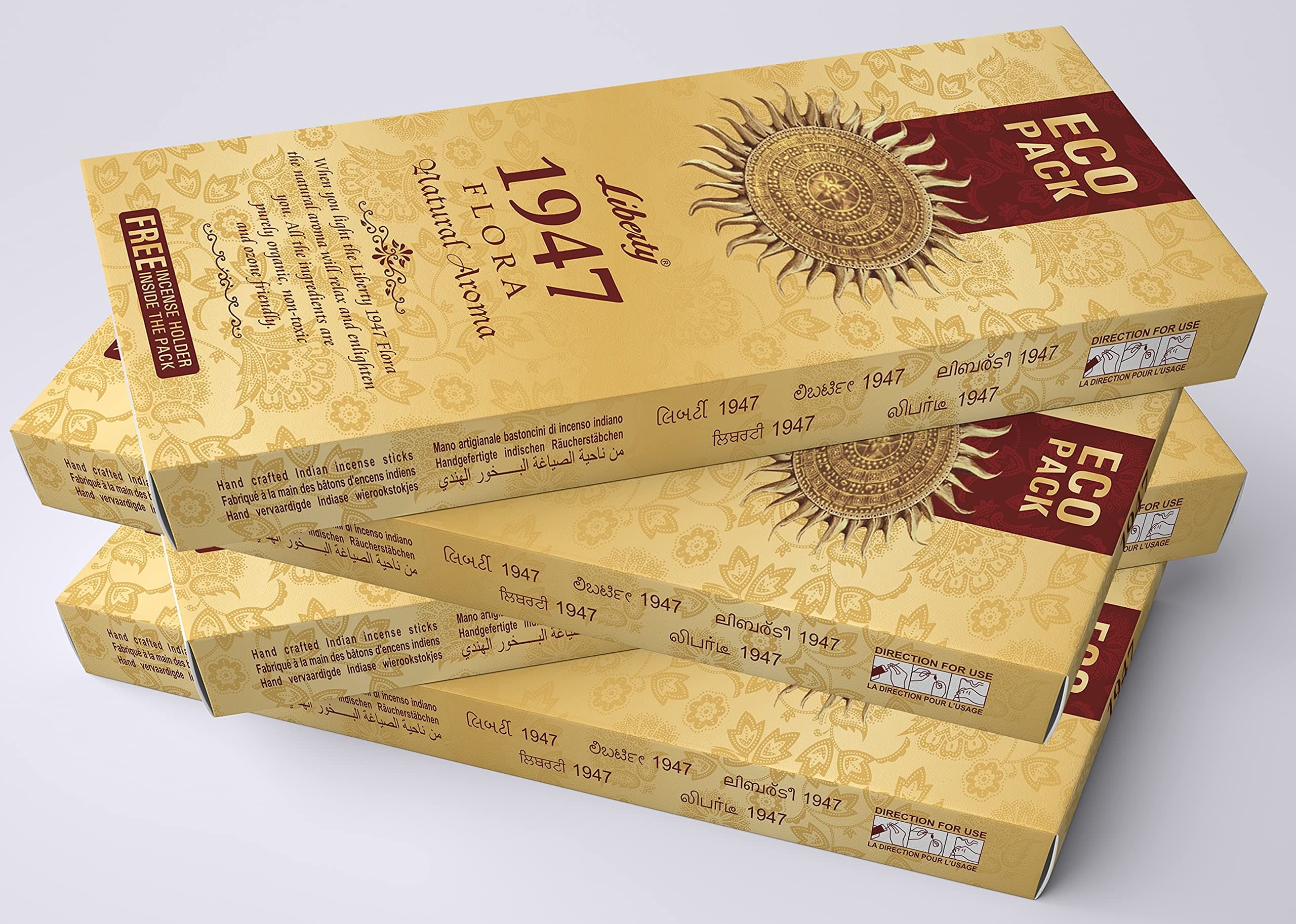 LIBERTY 1947 Flora Fragrance Aroma Sticks | Low Smoke Incense Sticks | Charcoal Free Agarbathi Eco-Pack - Combo Pack of 4 (80gm Per Pack)