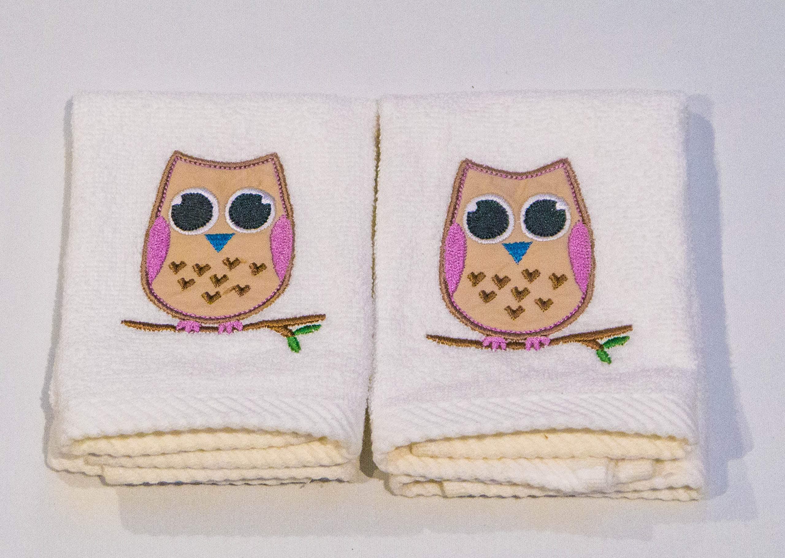 Kids Embroidered Towel 100% Cotton (Face Flannel, White Owl) x2