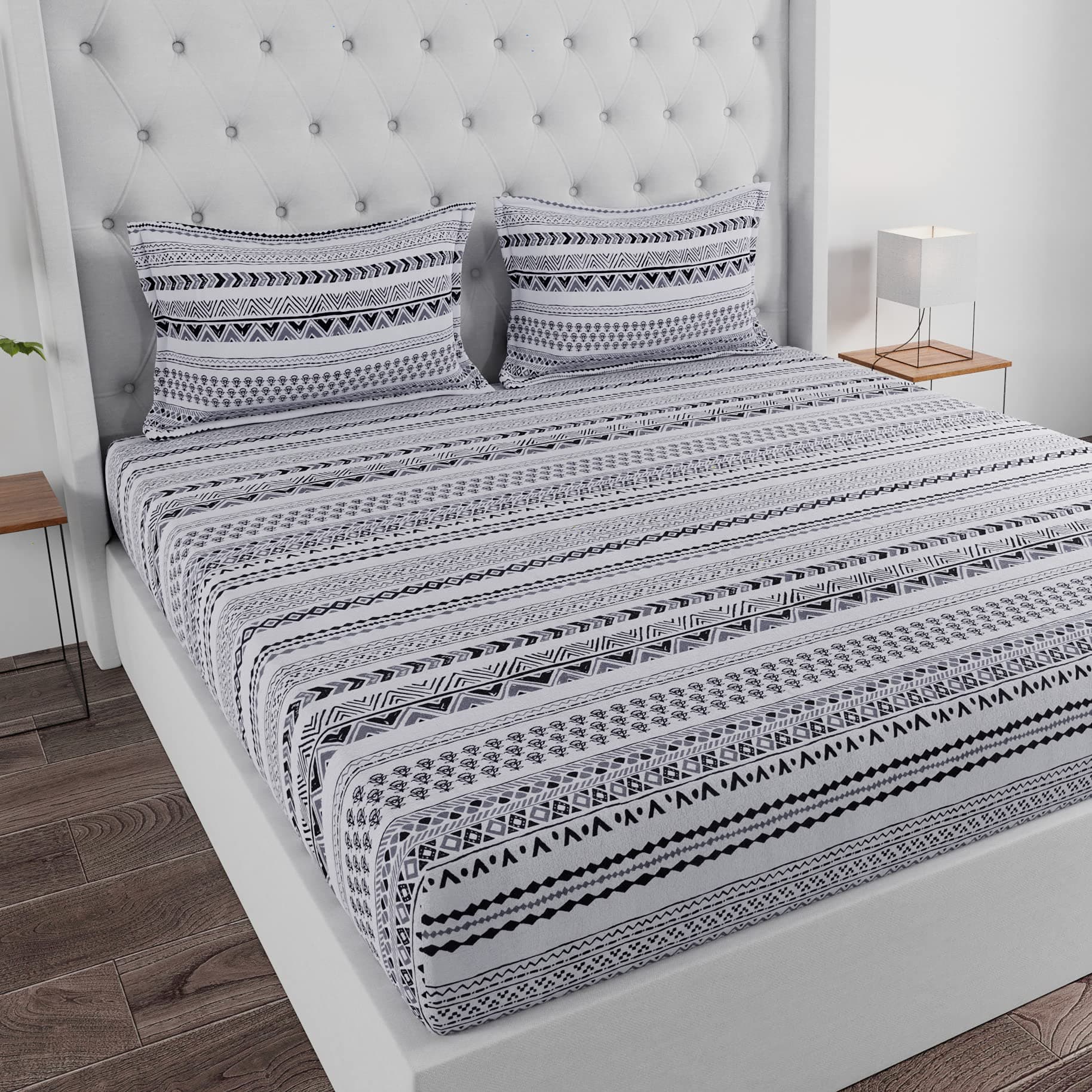 HUESLAND by Ahmedabad Cotton 144 TC Cotton King Size Bedsheet with 2 Pillow Covers - White and Black(9ft x 9ft)